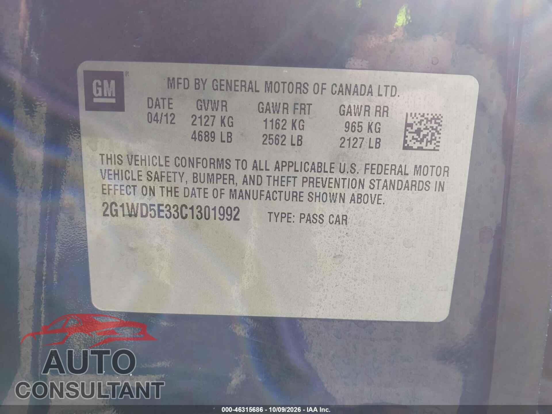 CHEVROLET IMPALA 2012 - 2G1WD5E33C1301992
