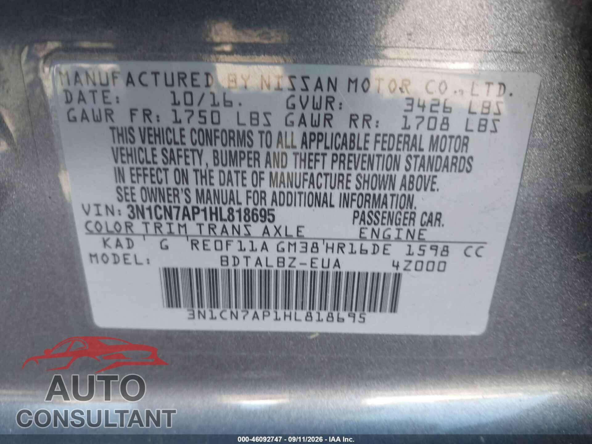 NISSAN VERSA 2017 - 3N1CN7AP1HL818695