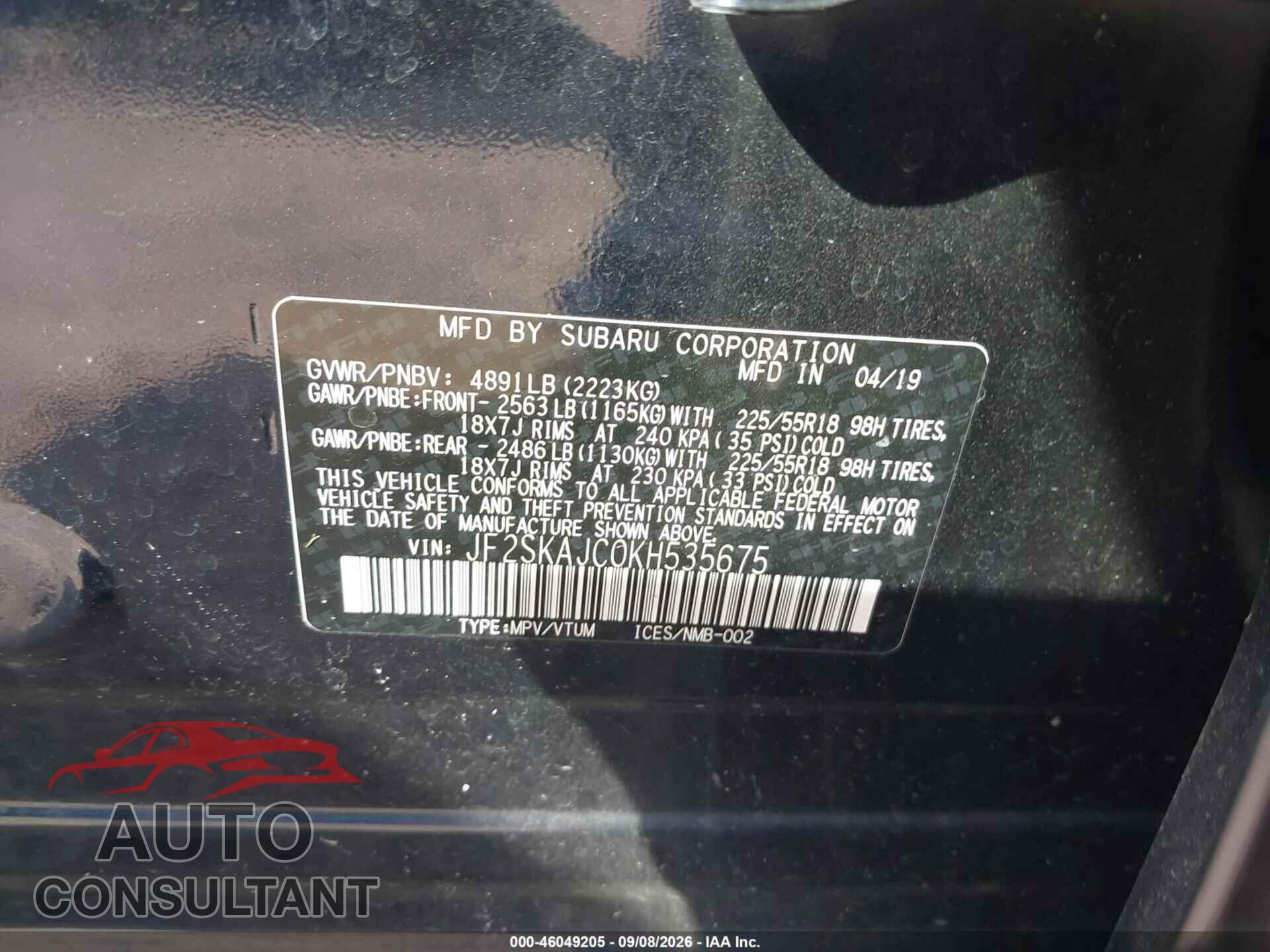 SUBARU FORESTER 2019 - JF2SKAJC0KH535675