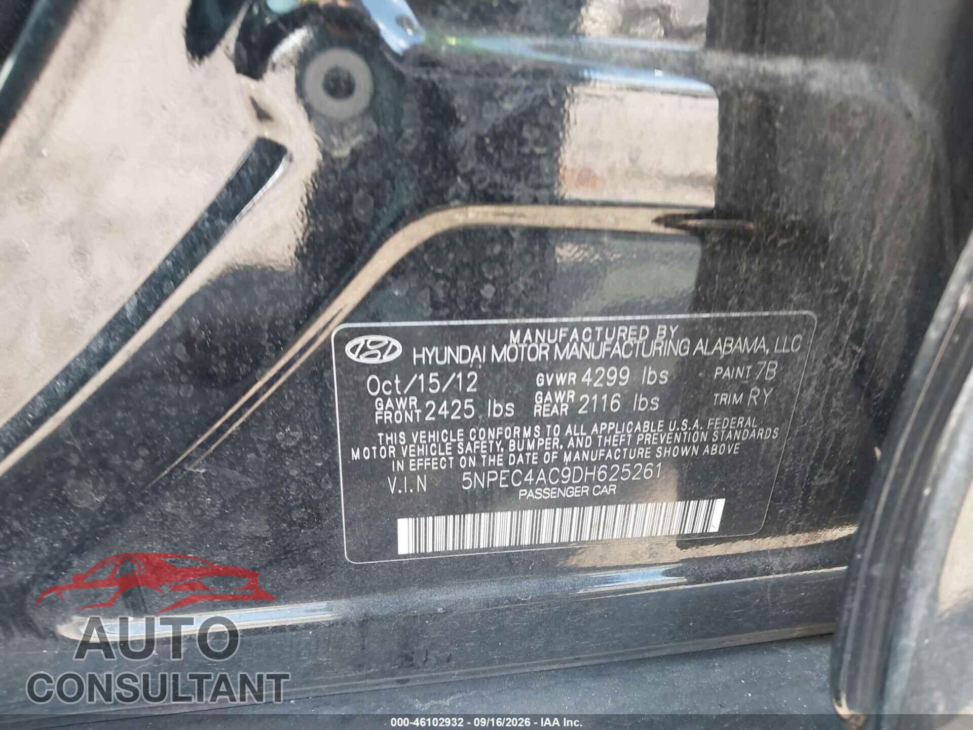 HYUNDAI SONATA 2013 - 5NPEC4AC9DH625261