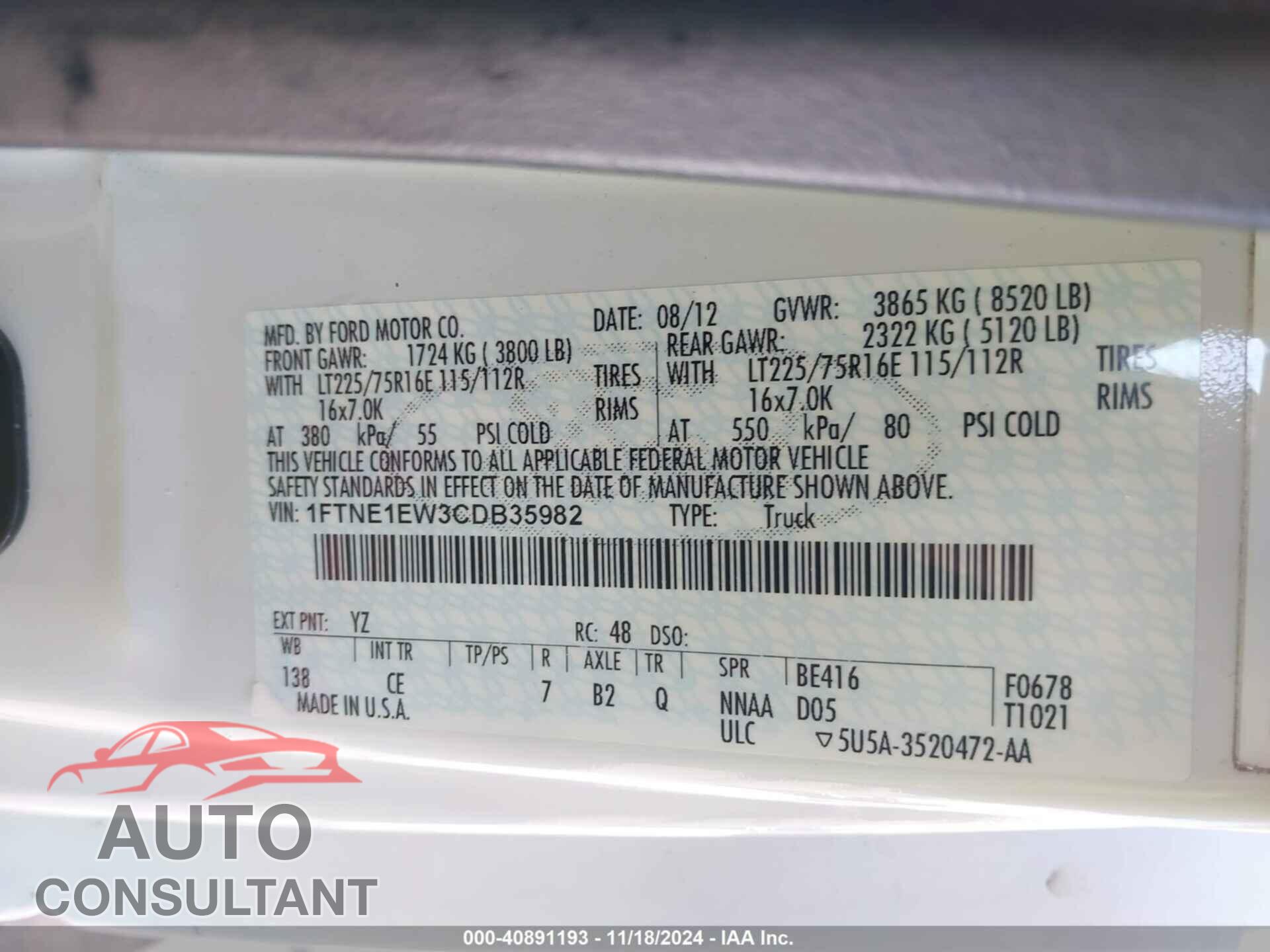 FORD E-150 2012 - 1FTNE1EW3CDB35982