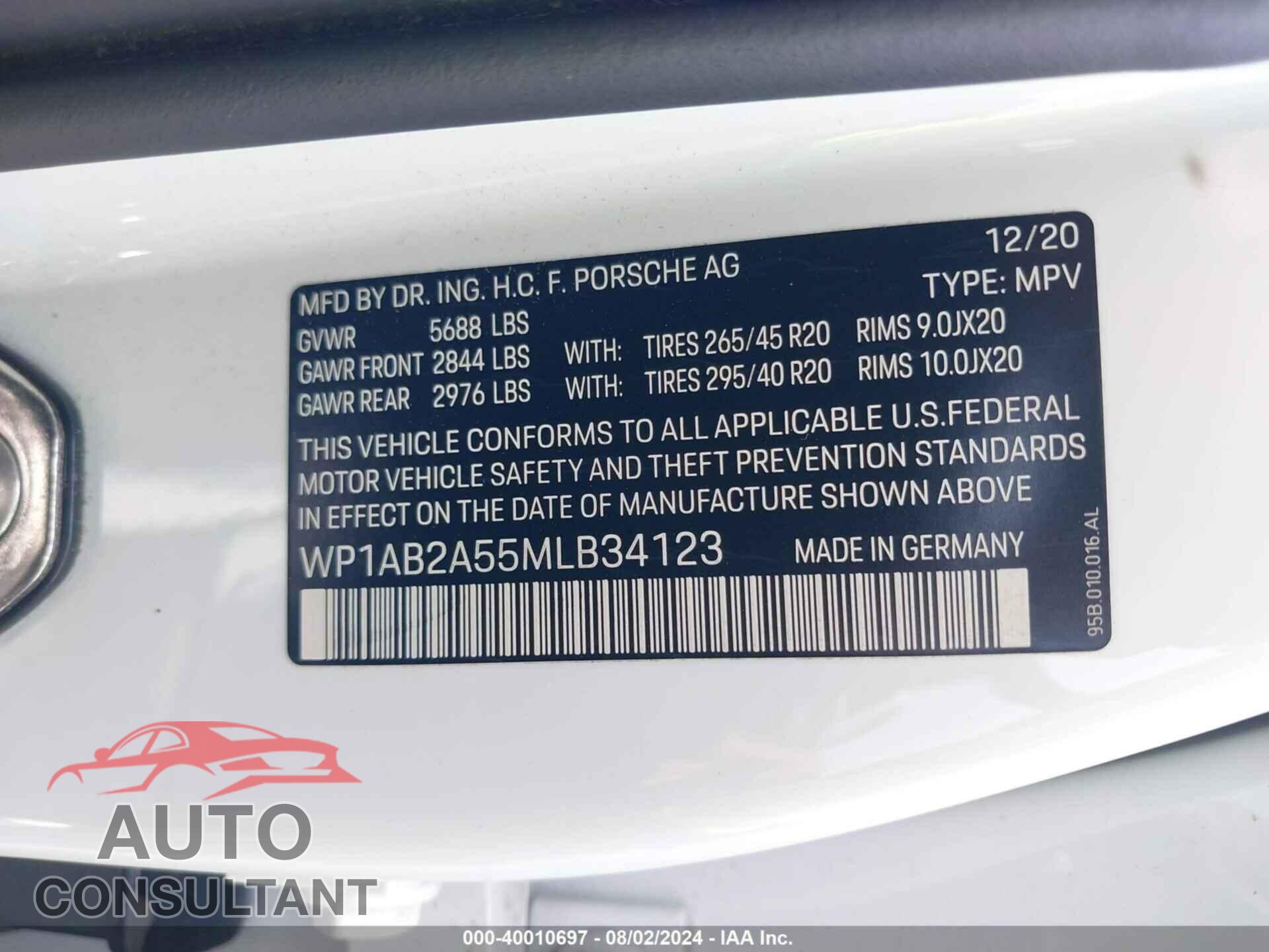 PORSCHE MACAN 2021 - WP1AB2A55MLB34123