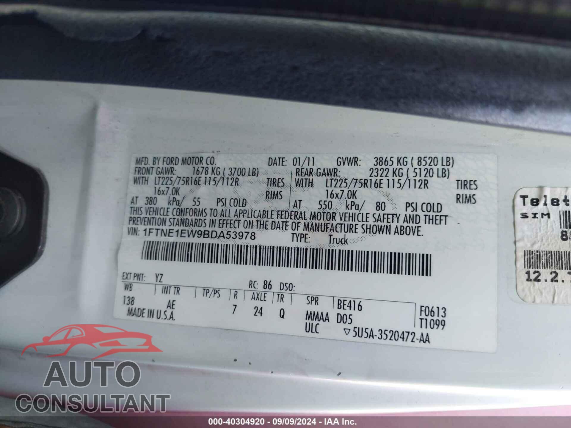 FORD E-150 2011 - 1FTNE1EW9BDA53978