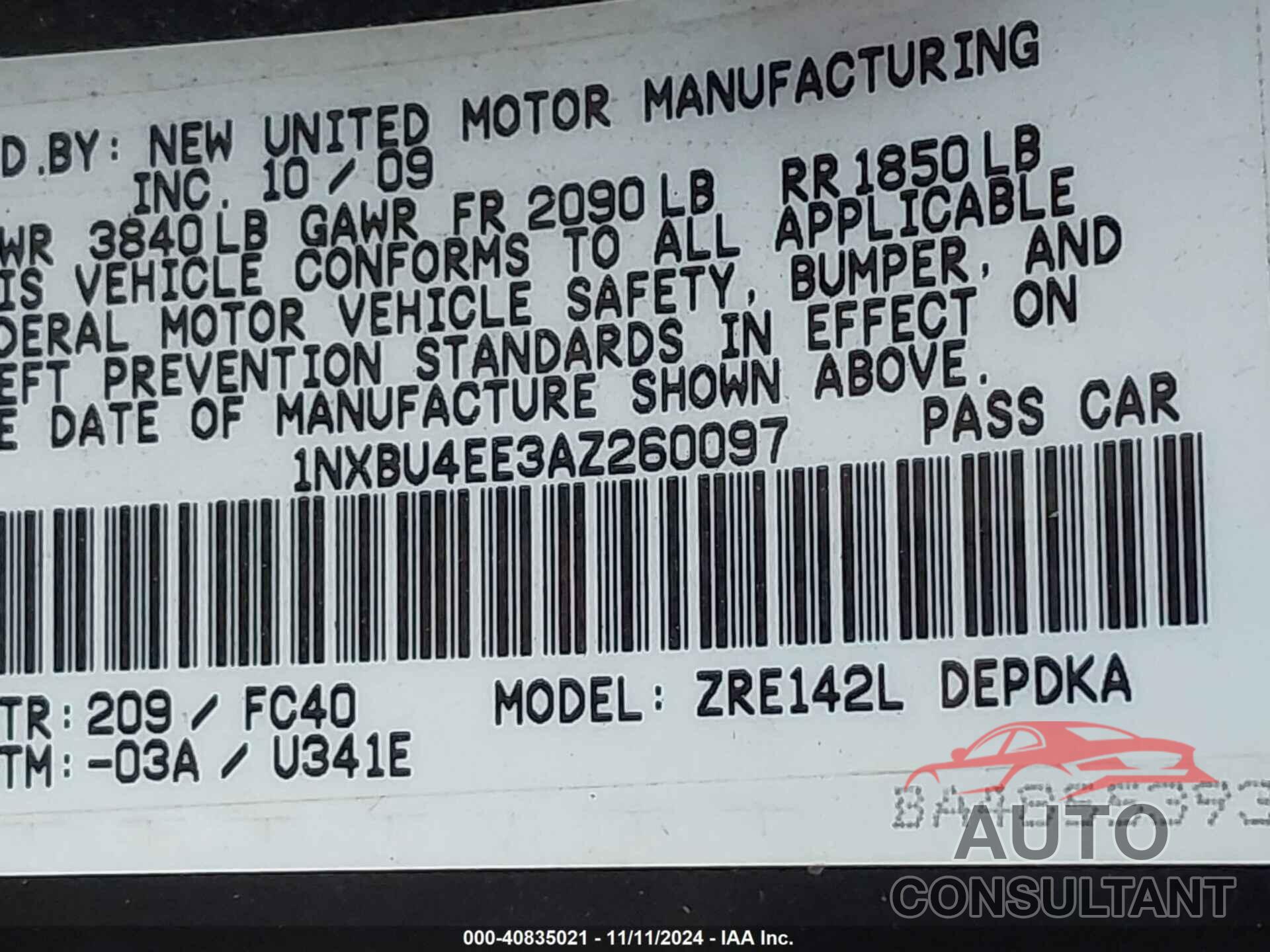 TOYOTA COROLLA 2010 - 1NXBU4EE3AZ260097