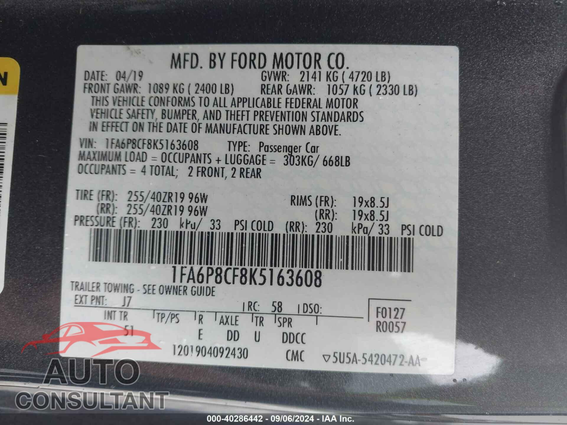 FORD MUSTANG 2019 - 1FA6P8CF8K5163608