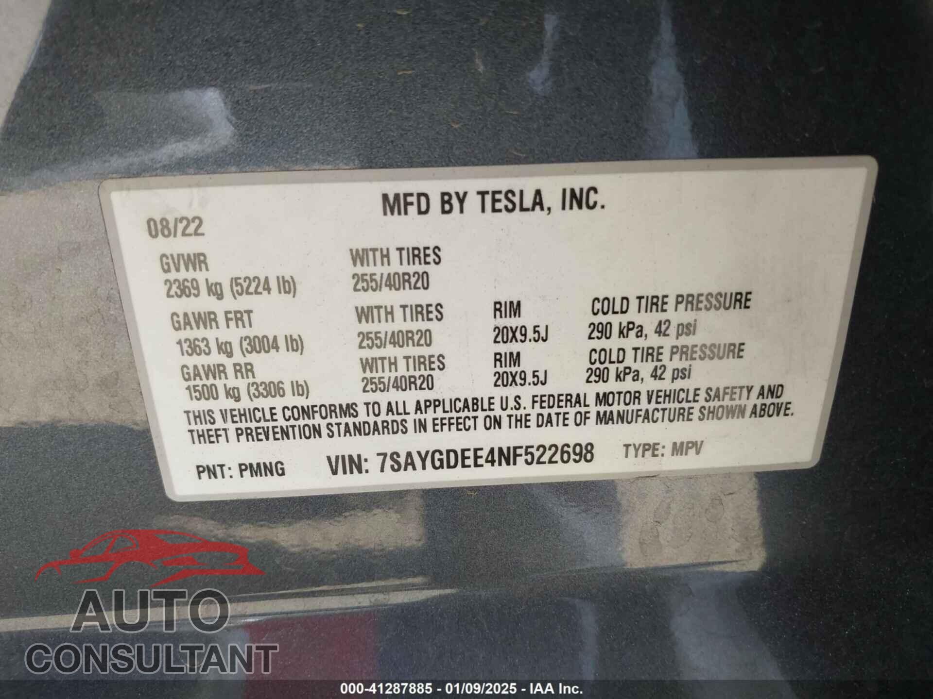 TESLA MODEL Y 2022 - 7SAYGDEE4NF522698