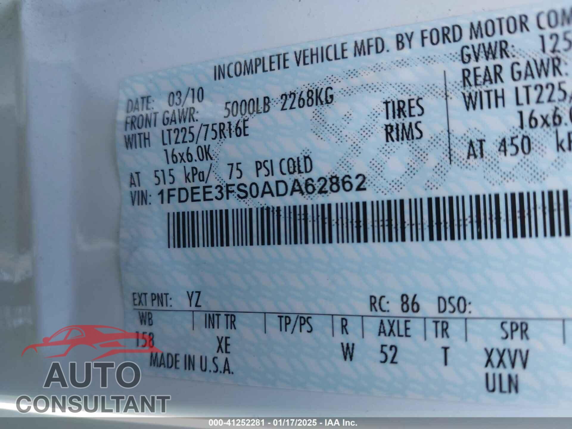FORD E-350 CUTAWAY 2010 - 1FDEE3FS0ADA62862