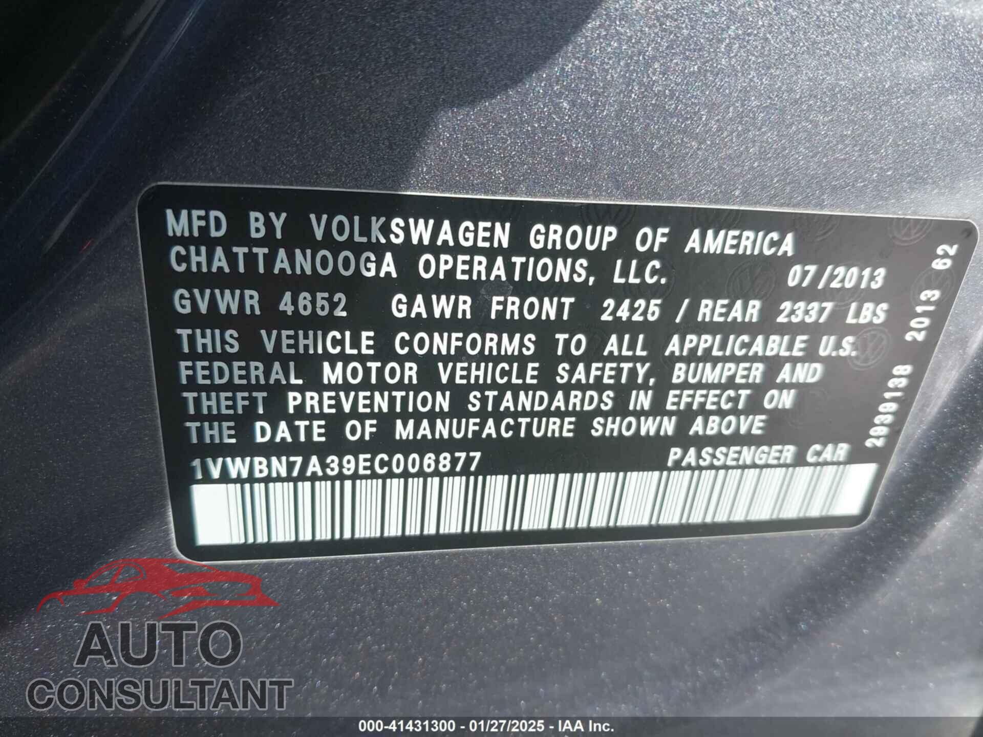 VOLKSWAGEN PASSAT 2014 - 1VWBN7A39EC006877