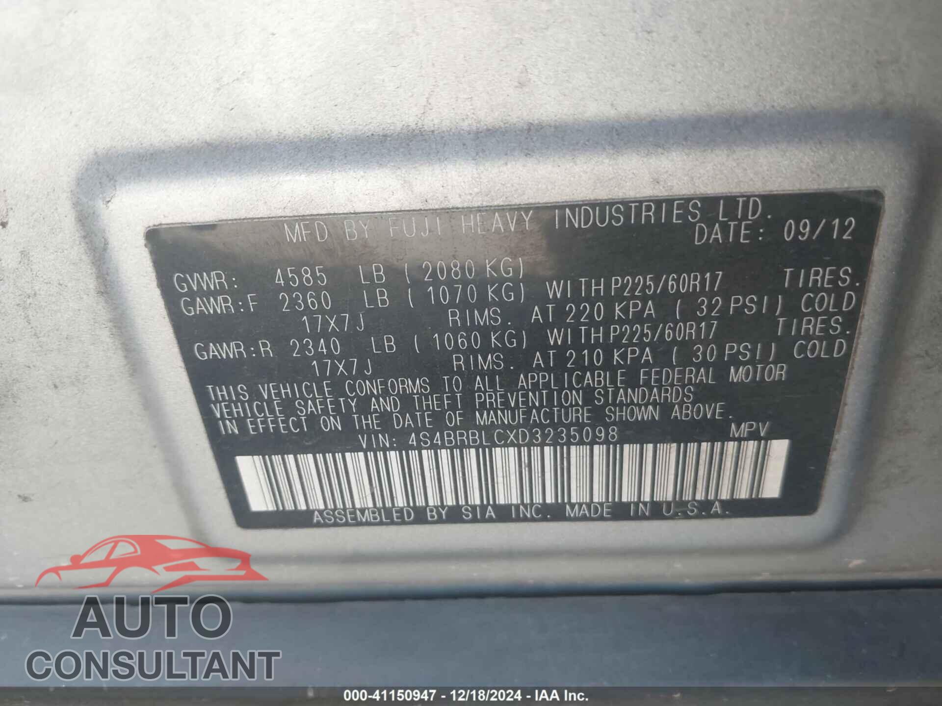SUBARU OUTBACK 2013 - 4S4BRBLCXD3235098
