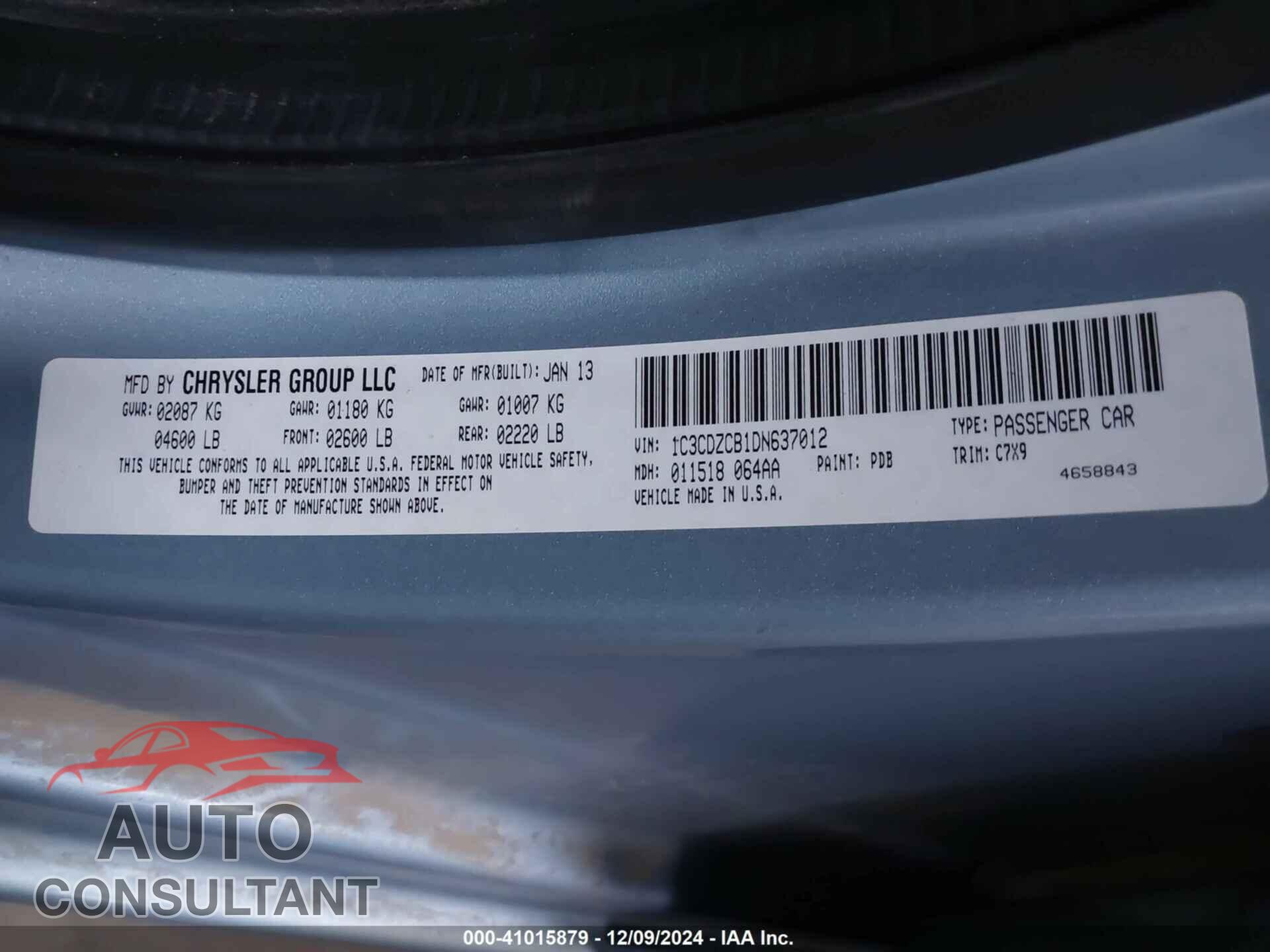 DODGE AVENGER 2013 - 1C3CDZCB1DN637012