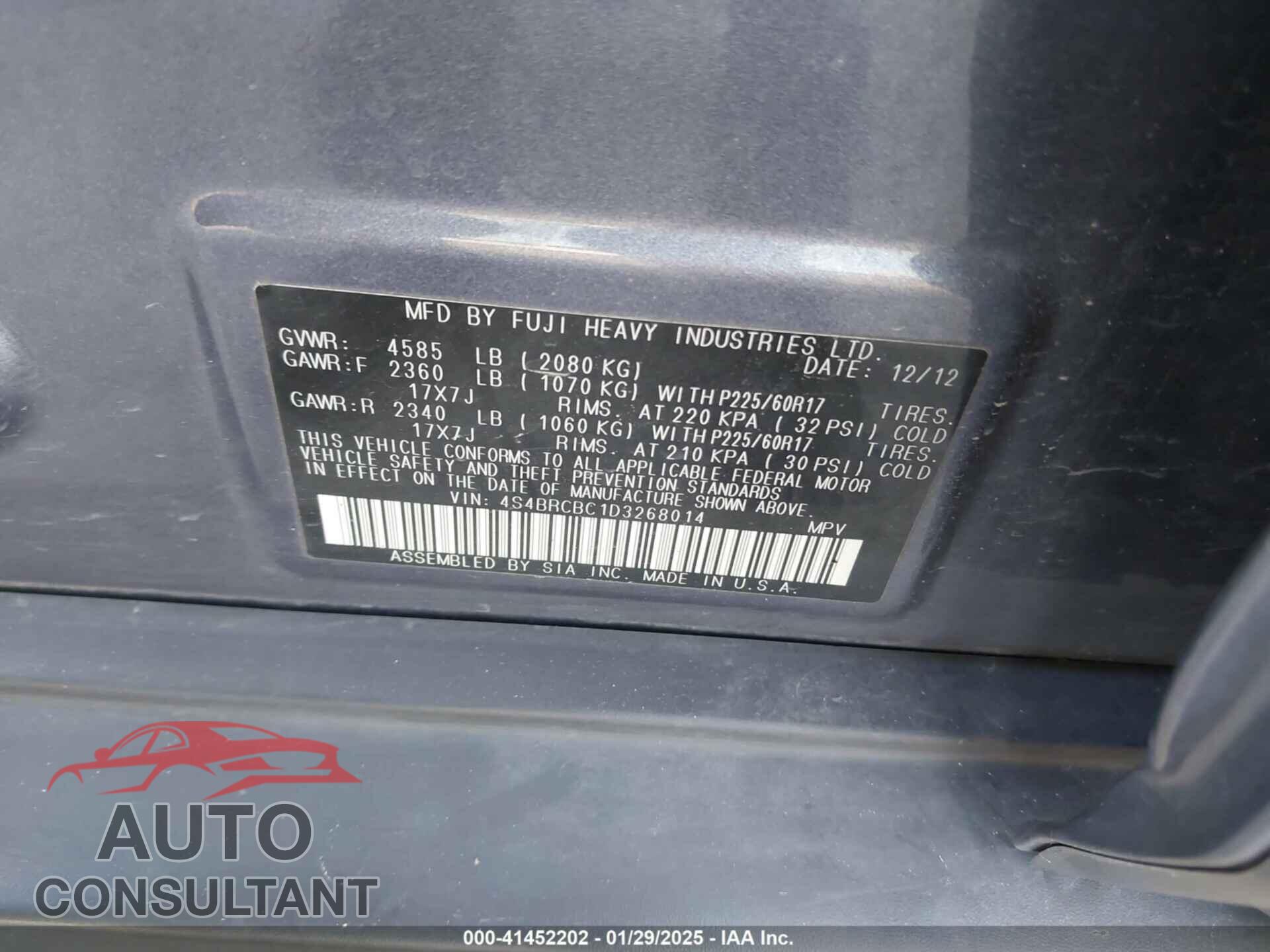 SUBARU OUTBACK 2013 - 4S4BRCBC1D3268014
