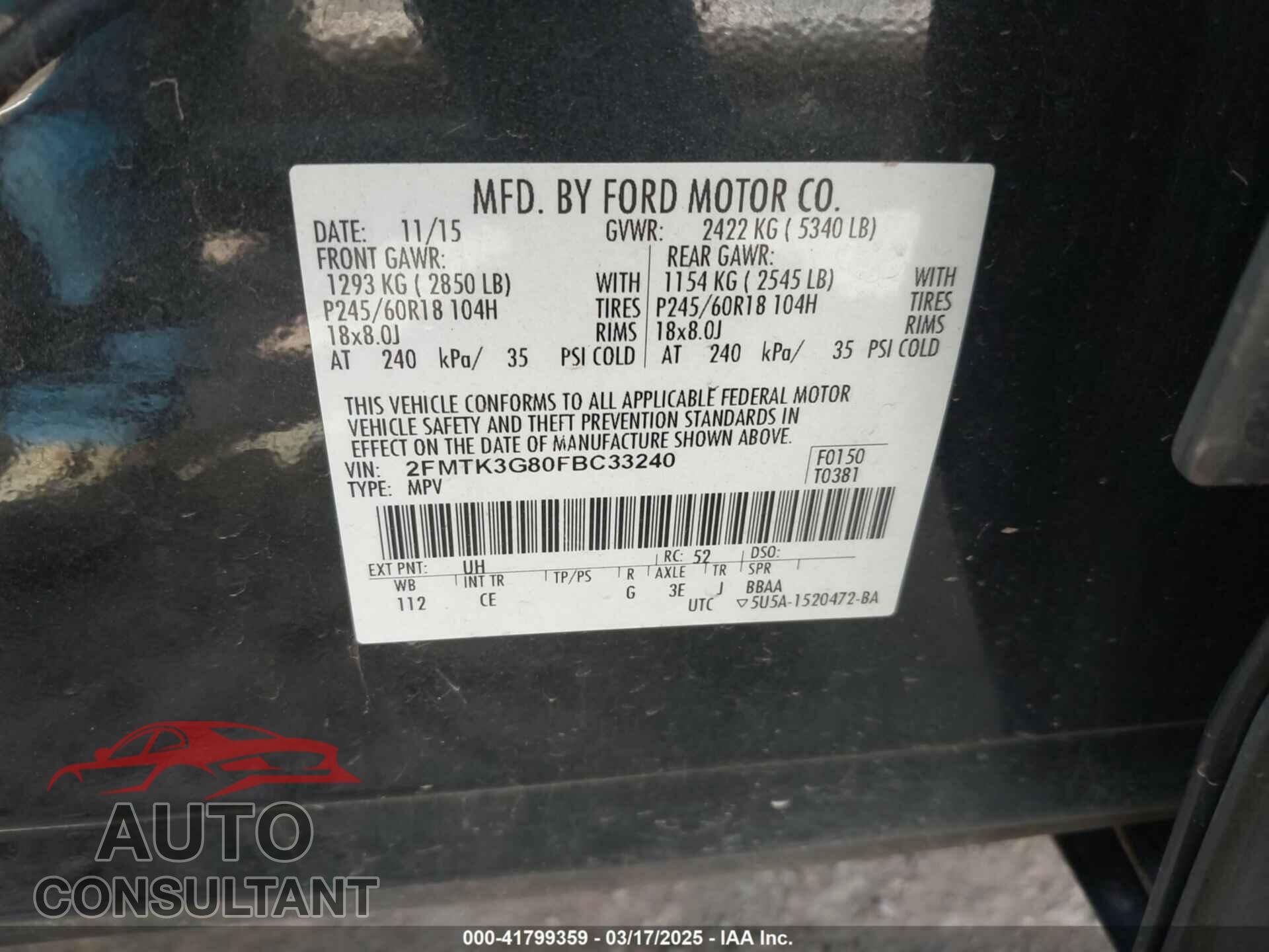 FORD EDGE 2015 - 2FMTK3G80FBC33240