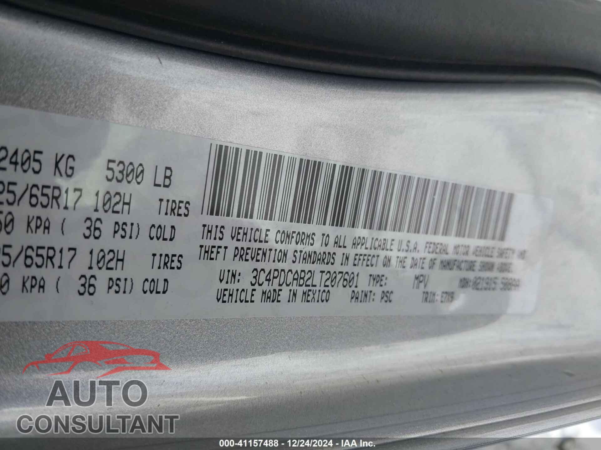 DODGE JOURNEY 2020 - 3C4PDCAB2LT207601