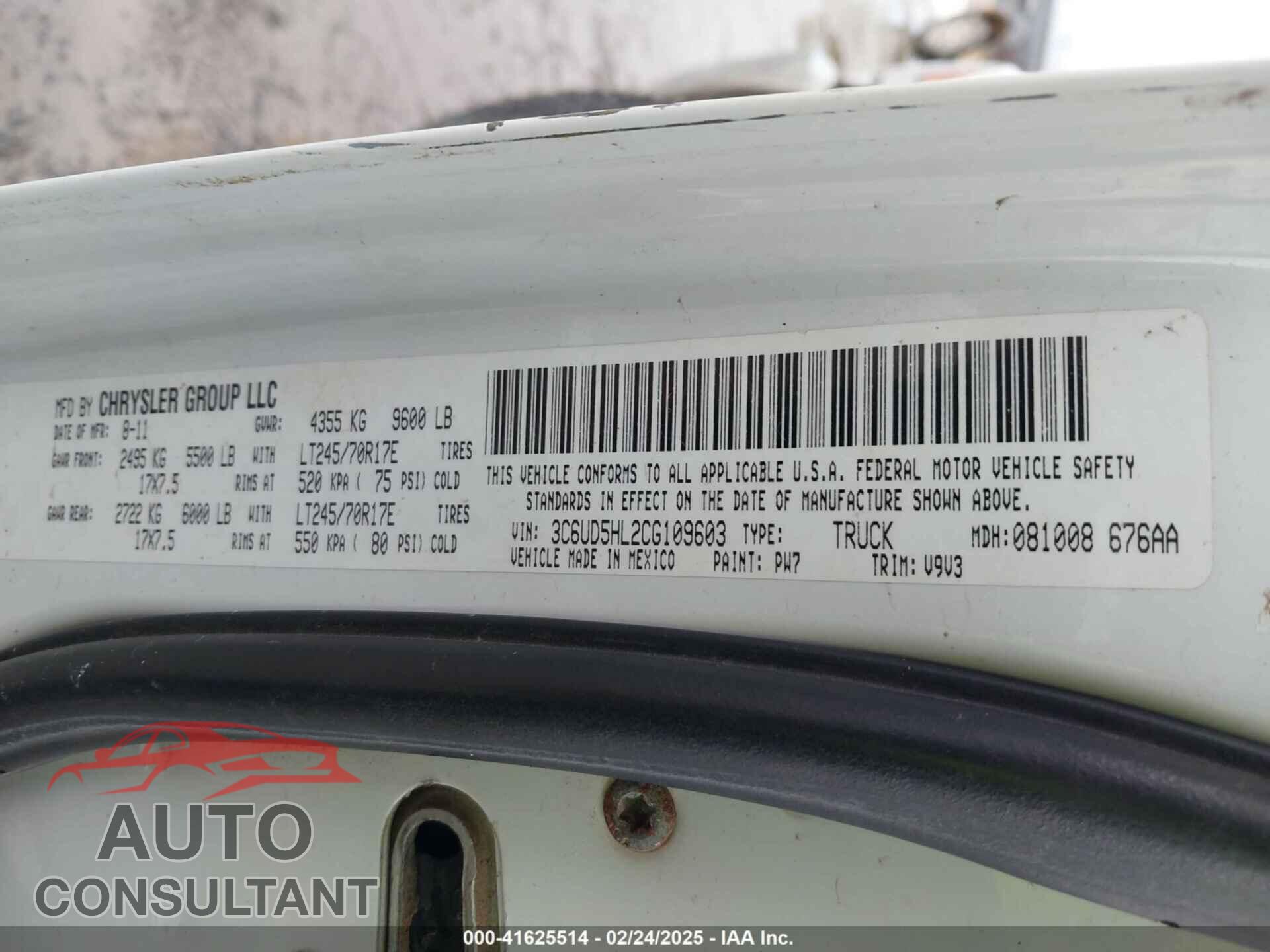 DODGE RAM 2500 2012 - 3C6UD5HL2CG109603