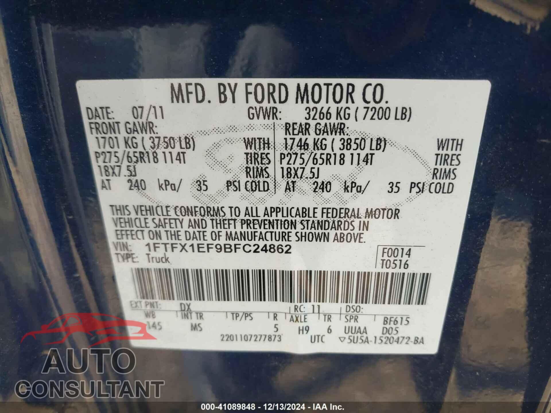 FORD F-150 2011 - 1FTFX1EF9BFC24862