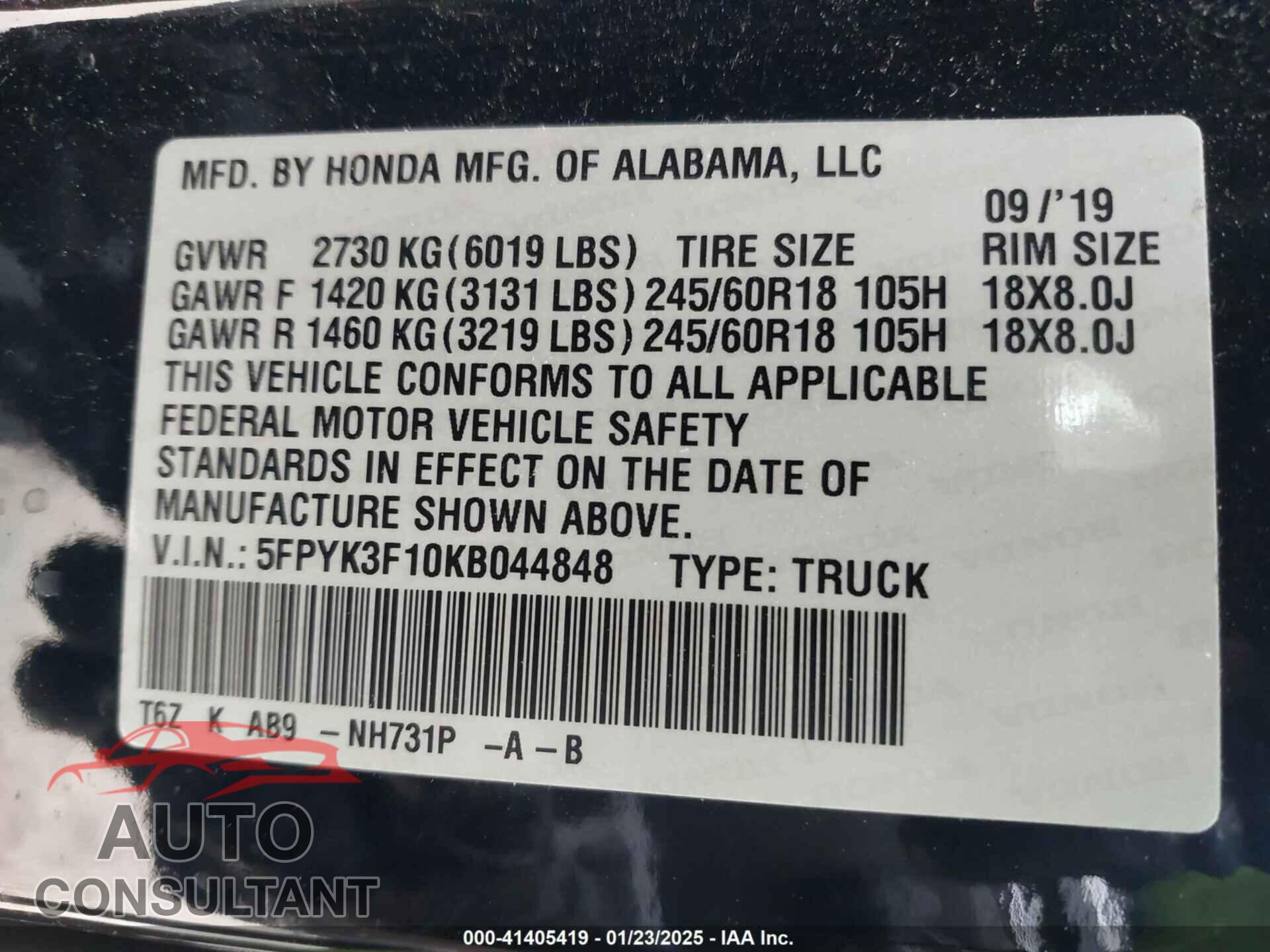 HONDA RIDGELINE 2019 - 5FPYK3F10KB044848