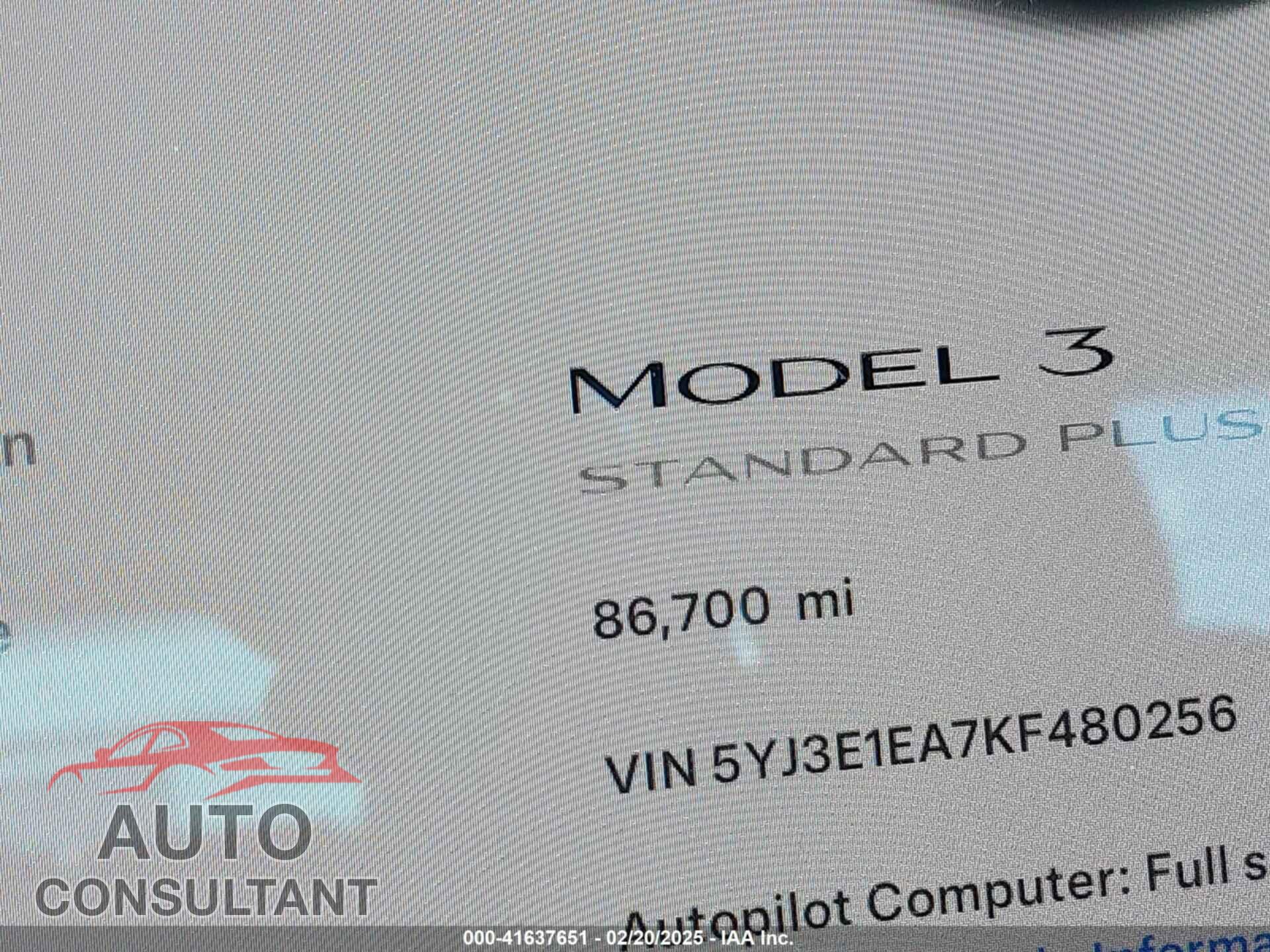 TESLA MODEL 3 2019 - 5YJ3E1EA7KF480256