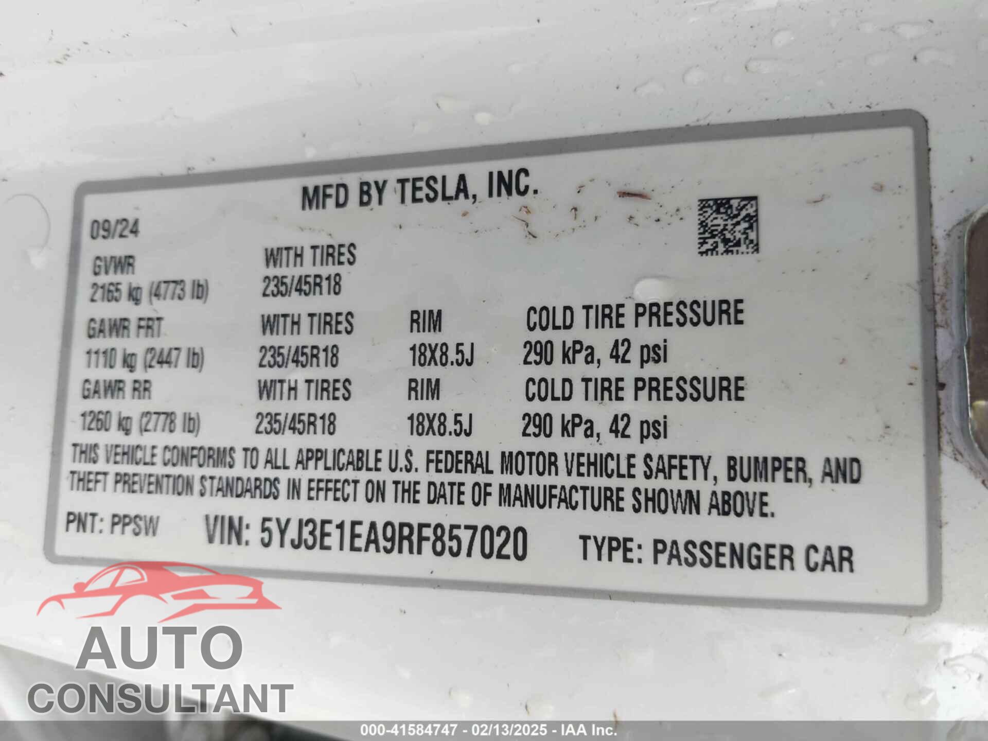 TESLA MODEL 3 2024 - 5YJ3E1EA9RF857020