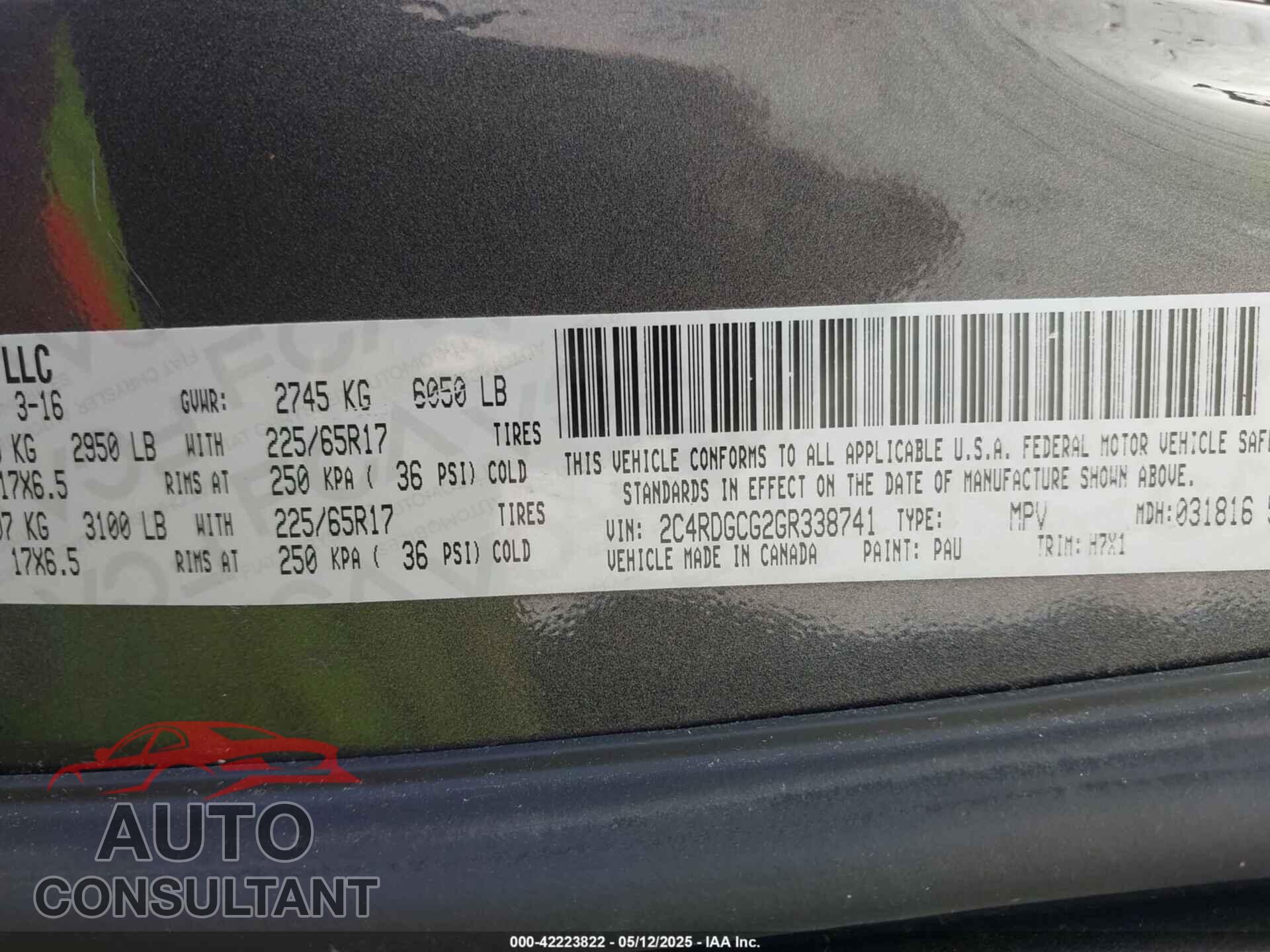 DODGE GRAND CARAVAN 2016 - 2C4RDGCG2GR338741