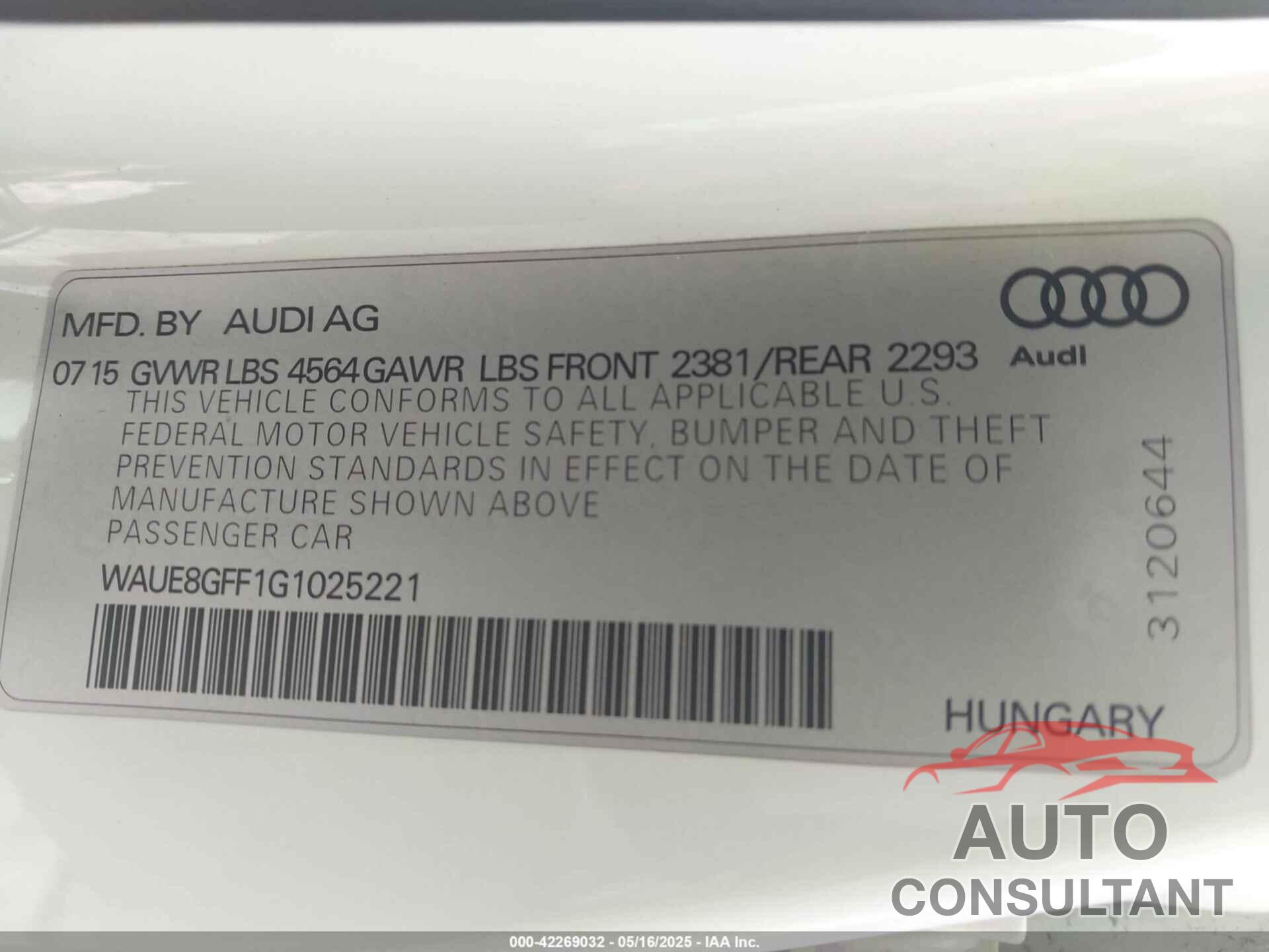AUDI A3 2016 - WAUE8GFF1G1025221