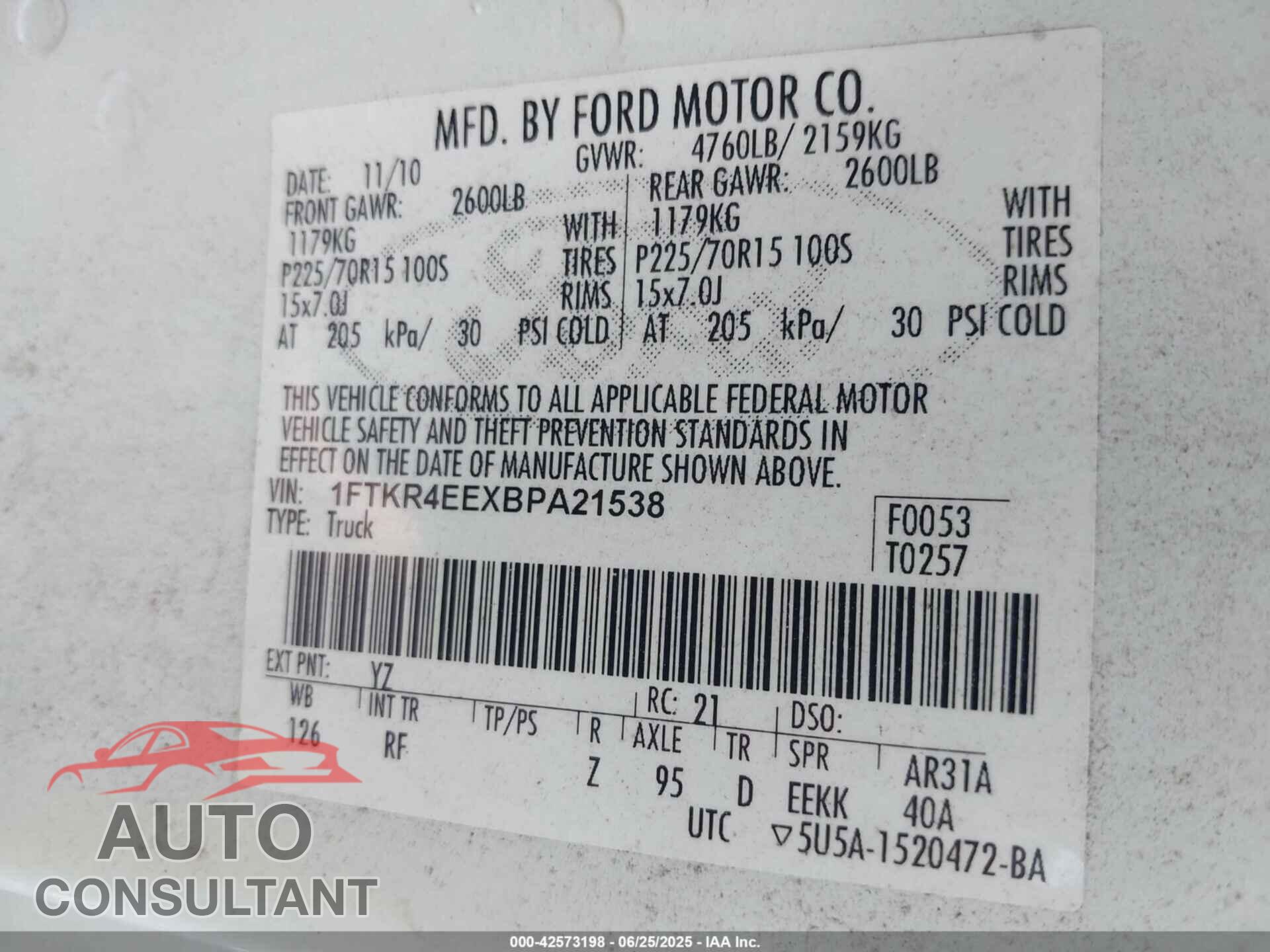 FORD RANGER 2011 - 1FTKR4EEXBPA21538