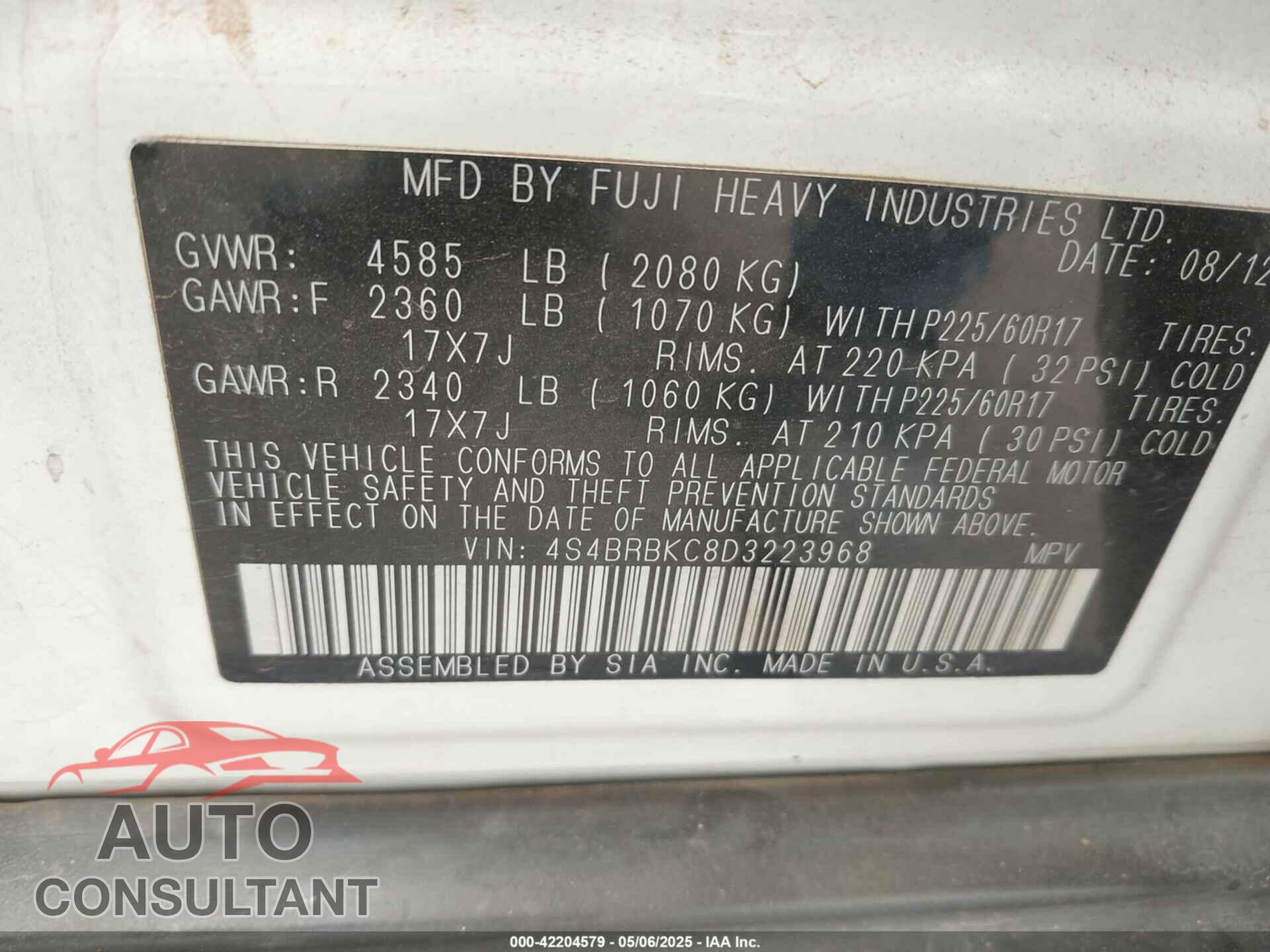 SUBARU OUTBACK 2013 - 4S4BRBKC8D3223968