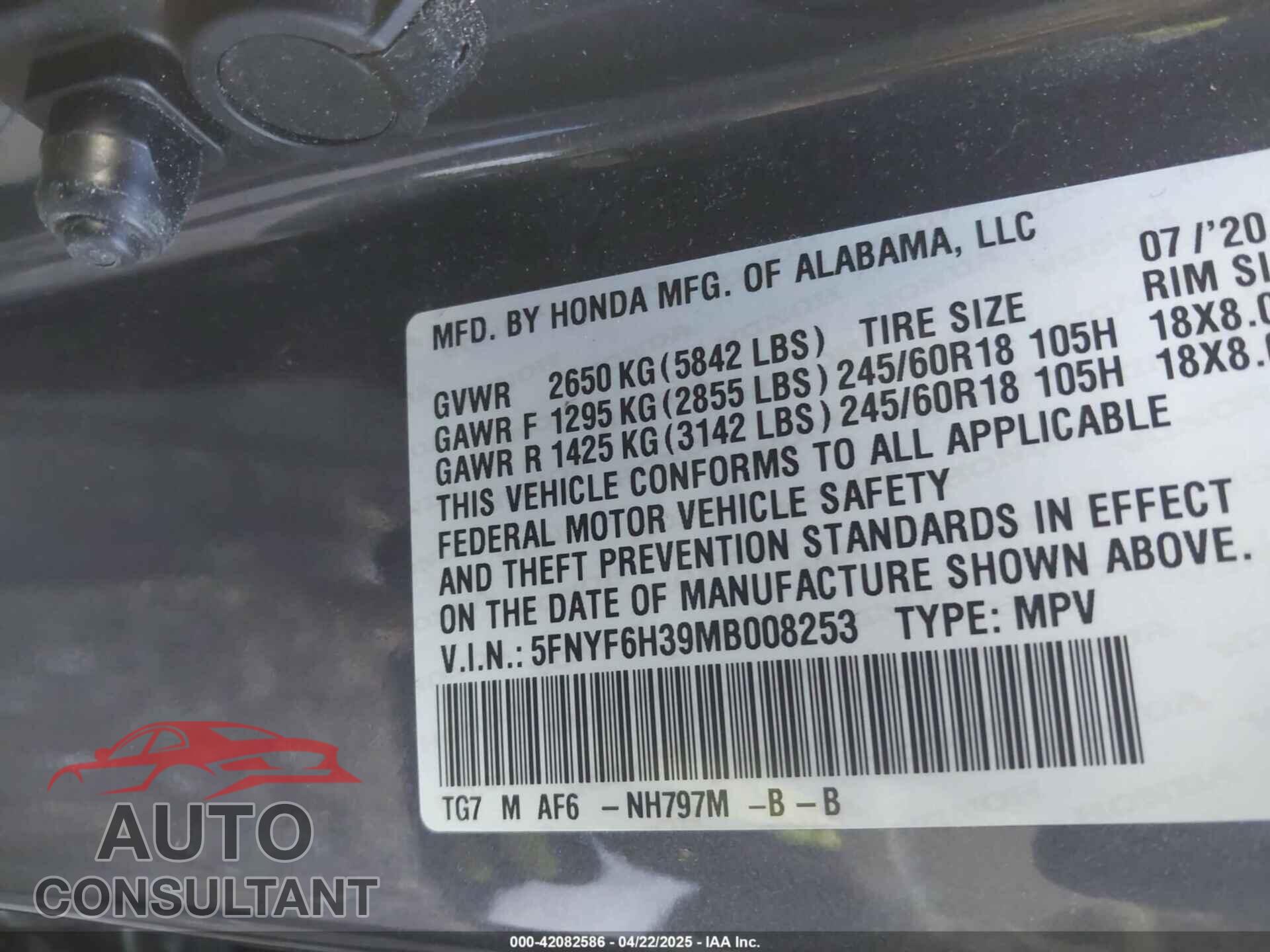 HONDA PILOT 2021 - 5FNYF6H39MB008253