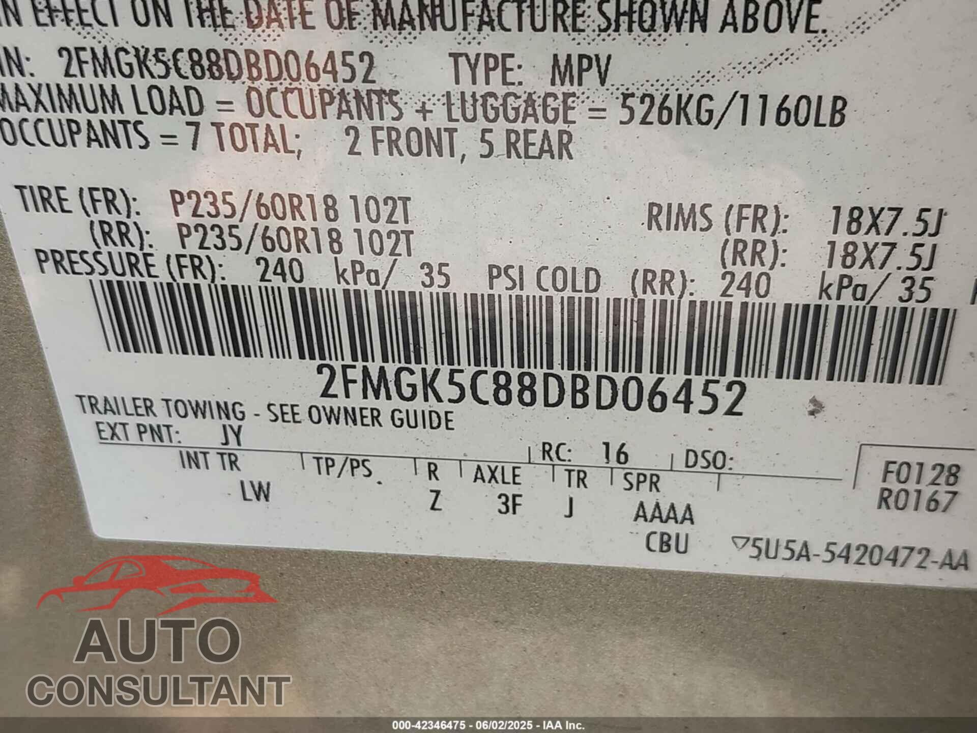 FORD FLEX 2013 - 2FMGK5C88DBD06452