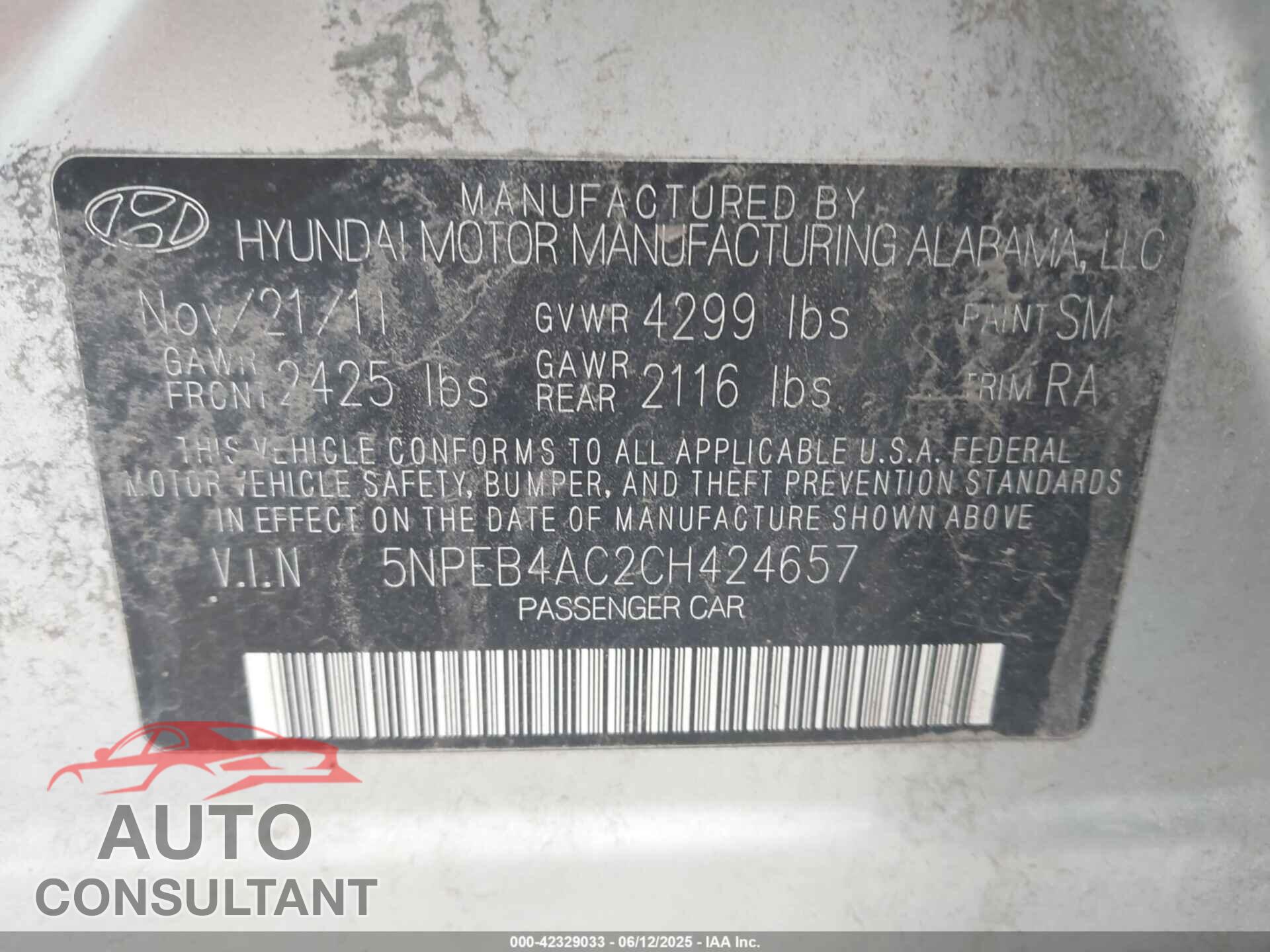 HYUNDAI SONATA 2012 - 5NPEB4AC2CH424657