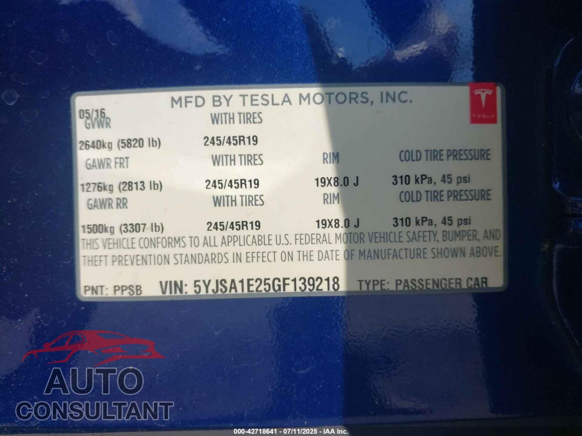TESLA MODEL S 2016 - 5YJSA1E25GF139218