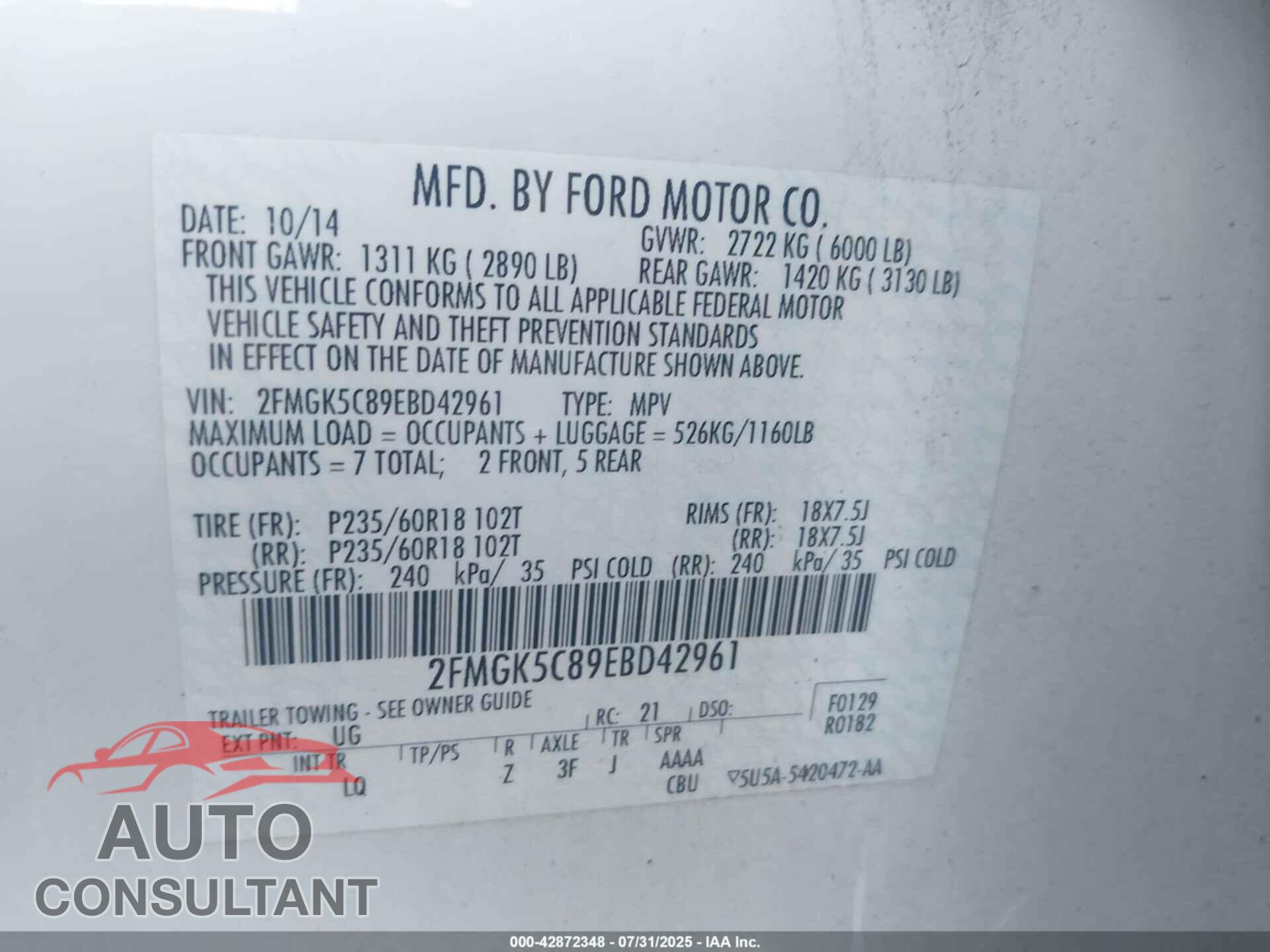 FORD FLEX 2014 - 2FMGK5C89EBD42961