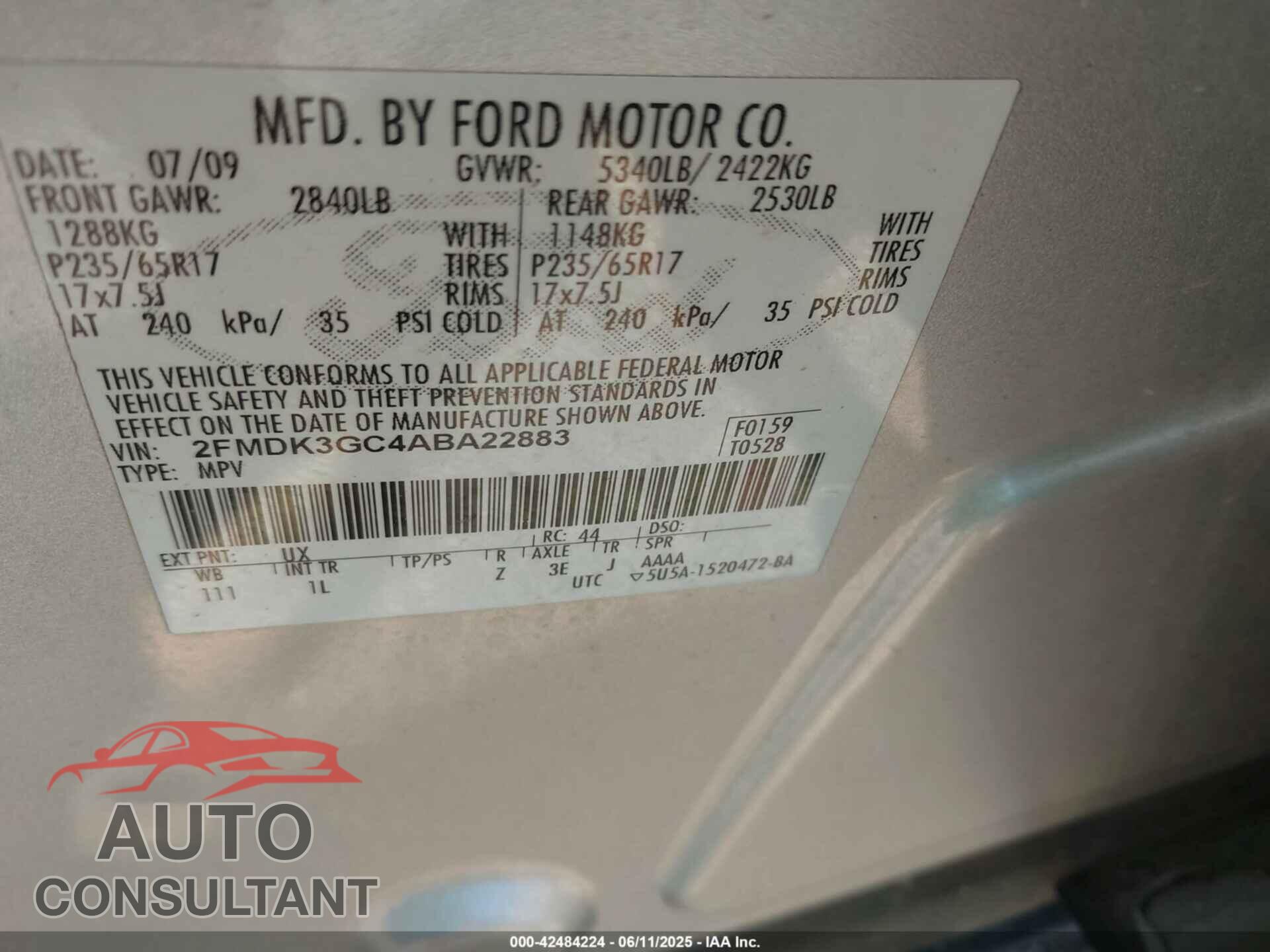 FORD EDGE 2010 - 2FMDK3GC4ABA22883