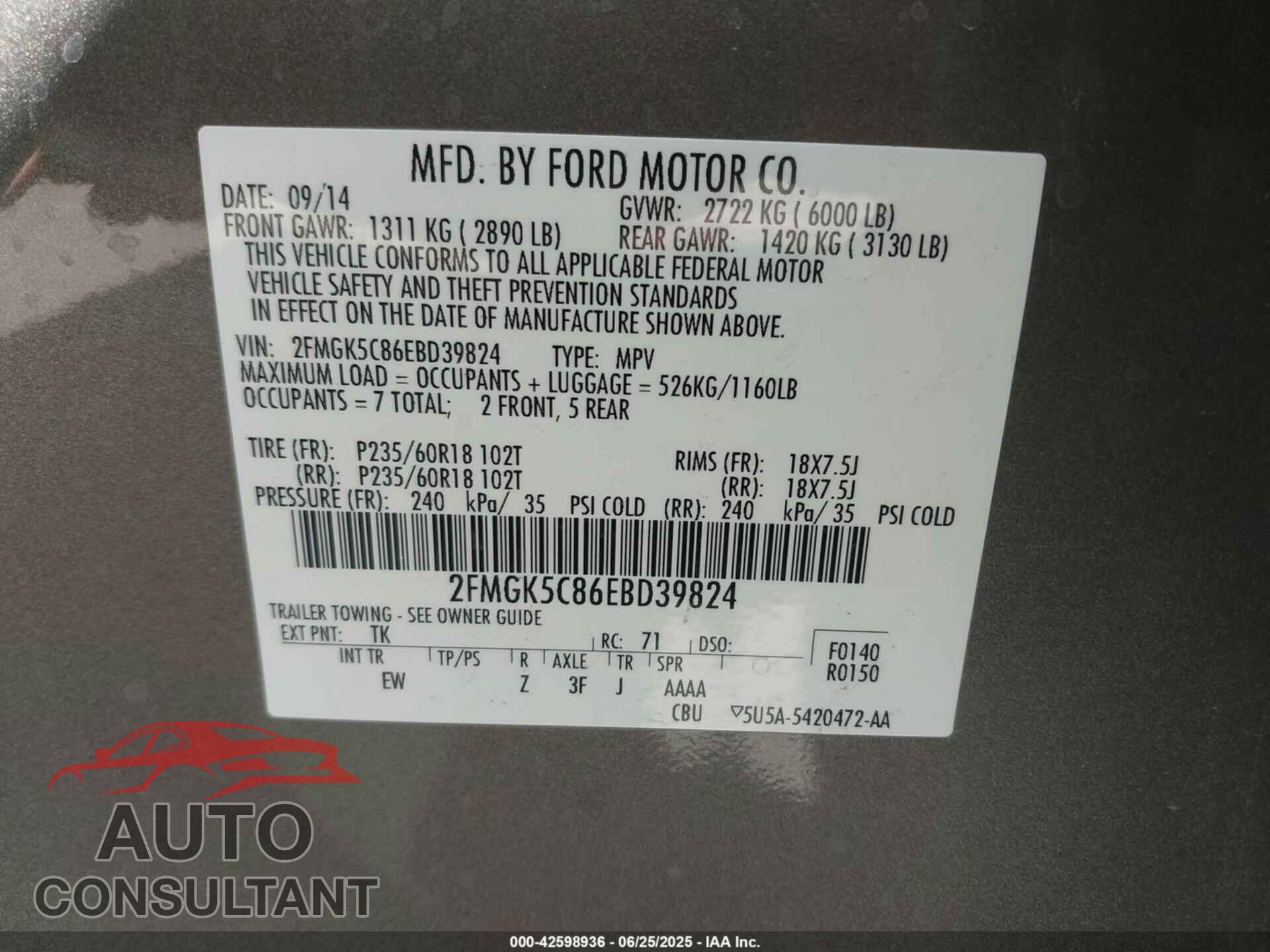 FORD FLEX 2014 - 2FMGK5C86EBD39824