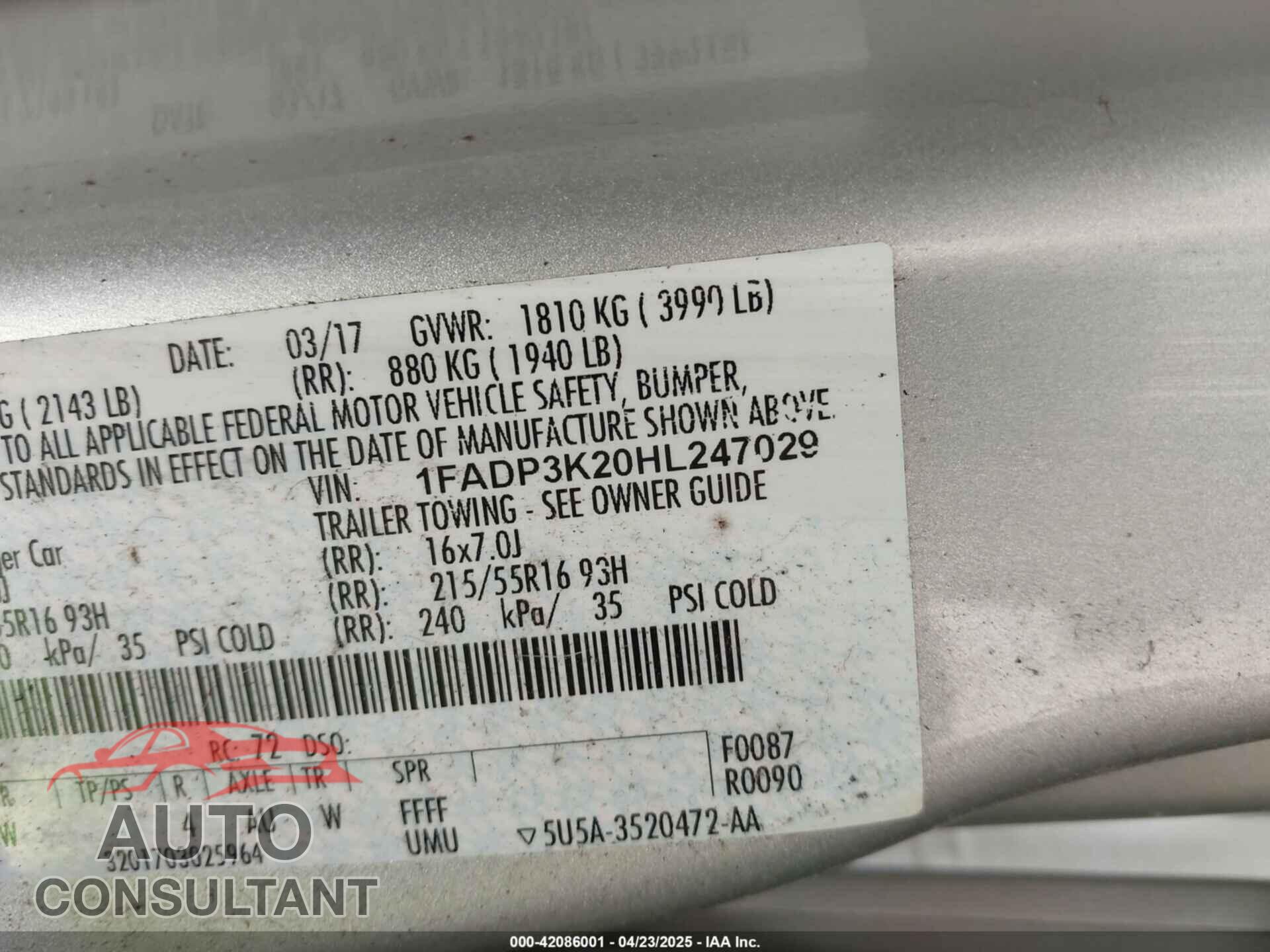FORD FOCUS 2017 - 1FADP3K20HL247029