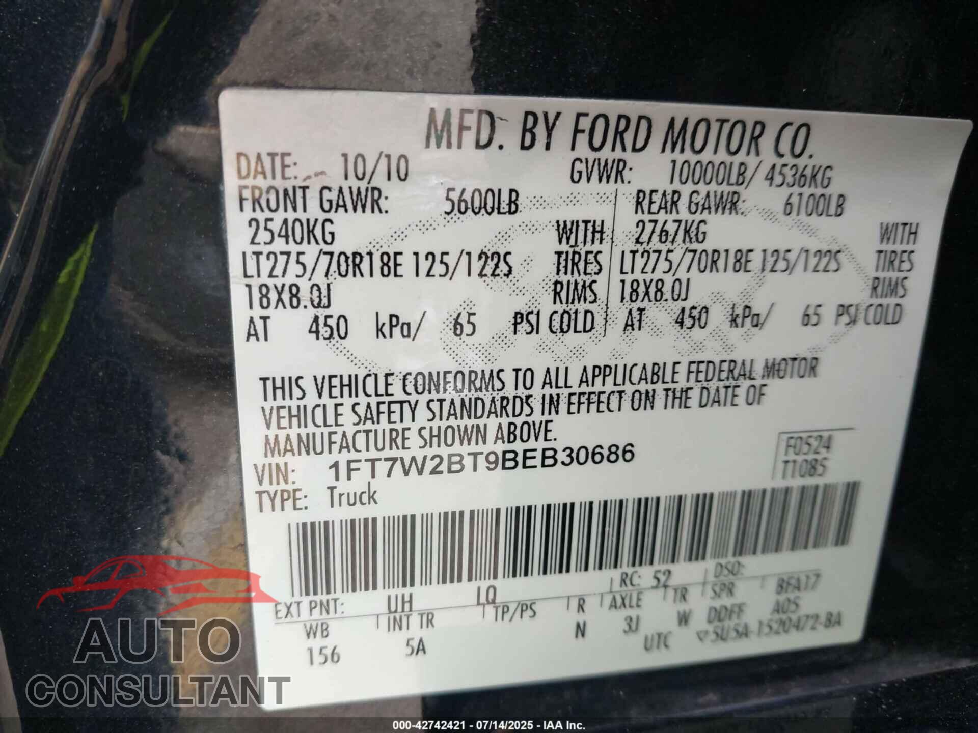 FORD F-250 2011 - 1FT7W2BT9BEB30686