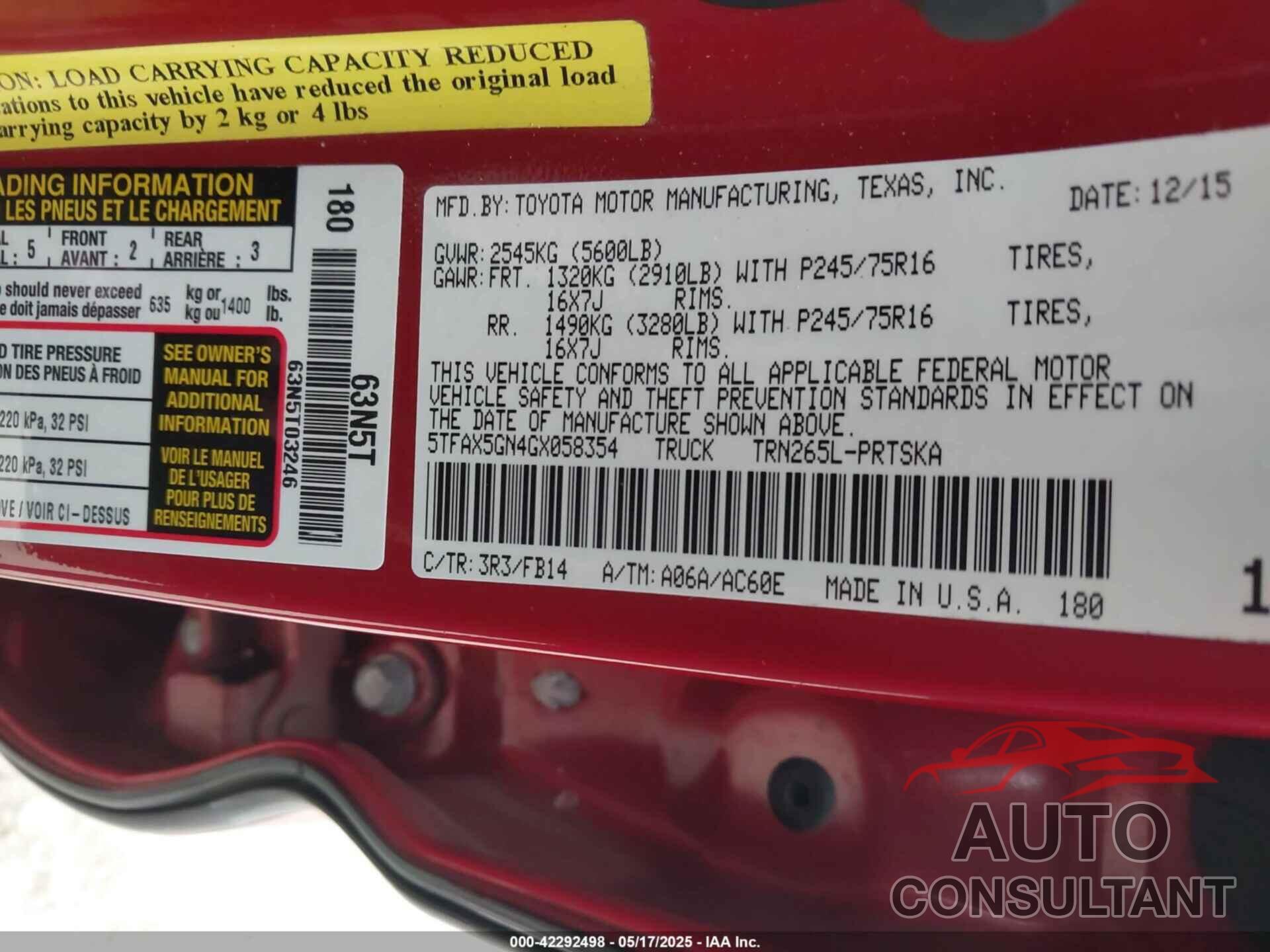 TOYOTA TACOMA 2016 - 5TFAX5GN4GX058354