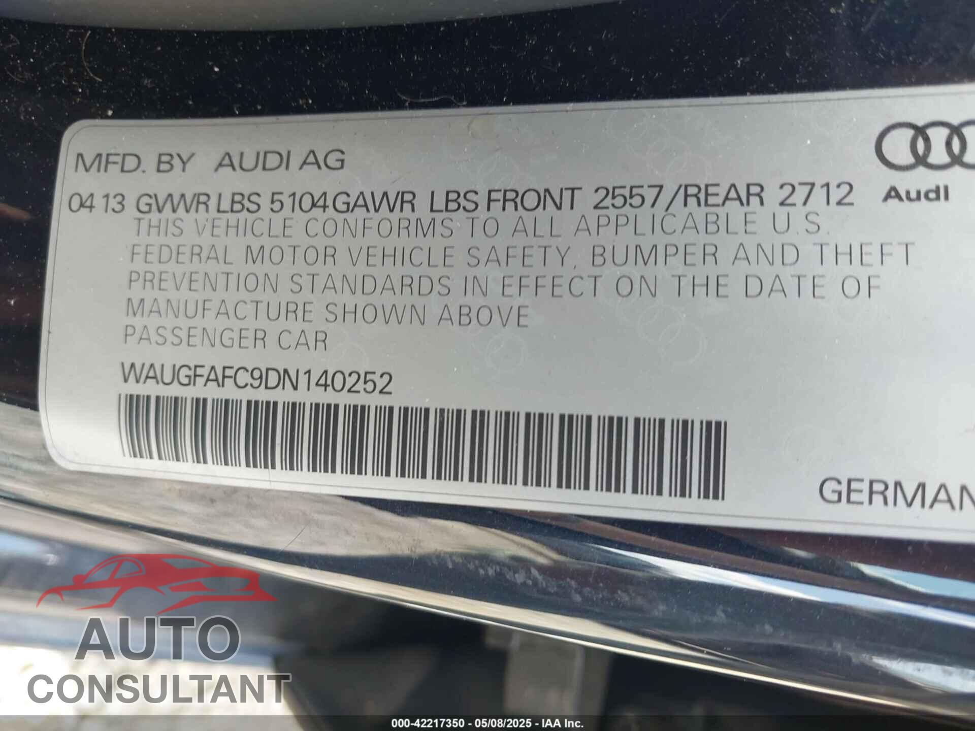 AUDI A6 2013 - WAUGFAFC9DN140252