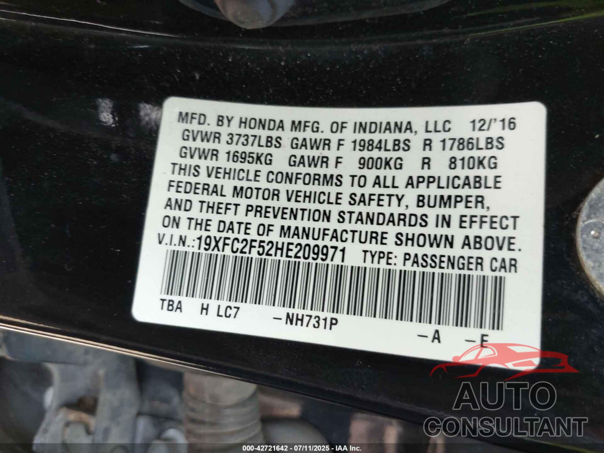 HONDA CIVIC 2017 - 19XFC2F52HE209971
