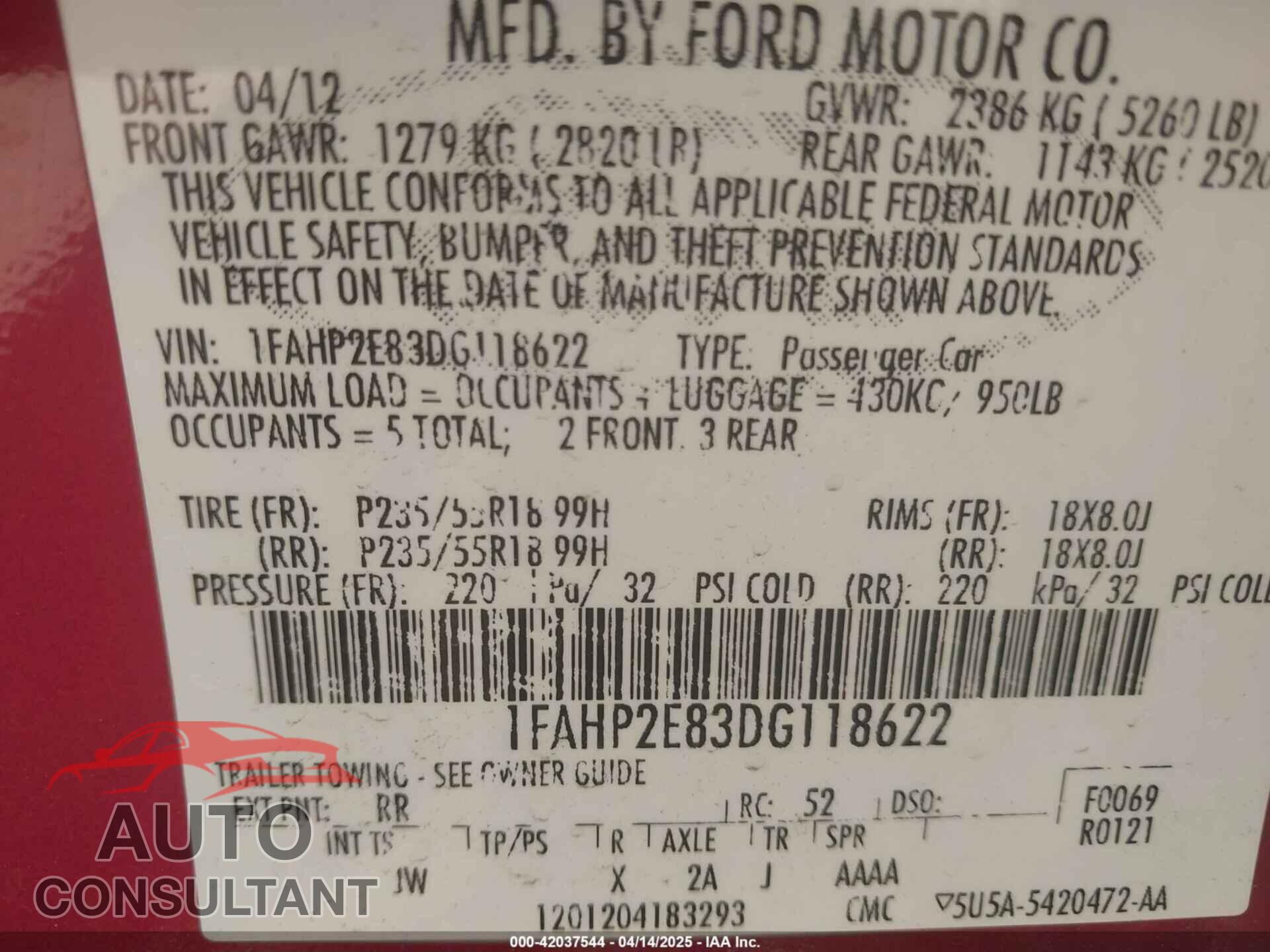 FORD TAURUS 2013 - 1FAHP2E83DG118622