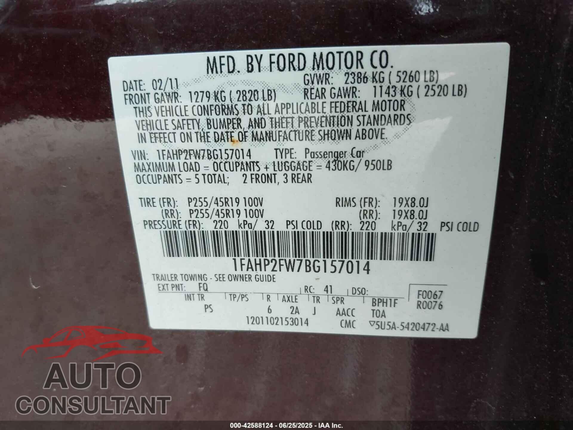 FORD TAURUS 2011 - 1FAHP2FW7BG157014