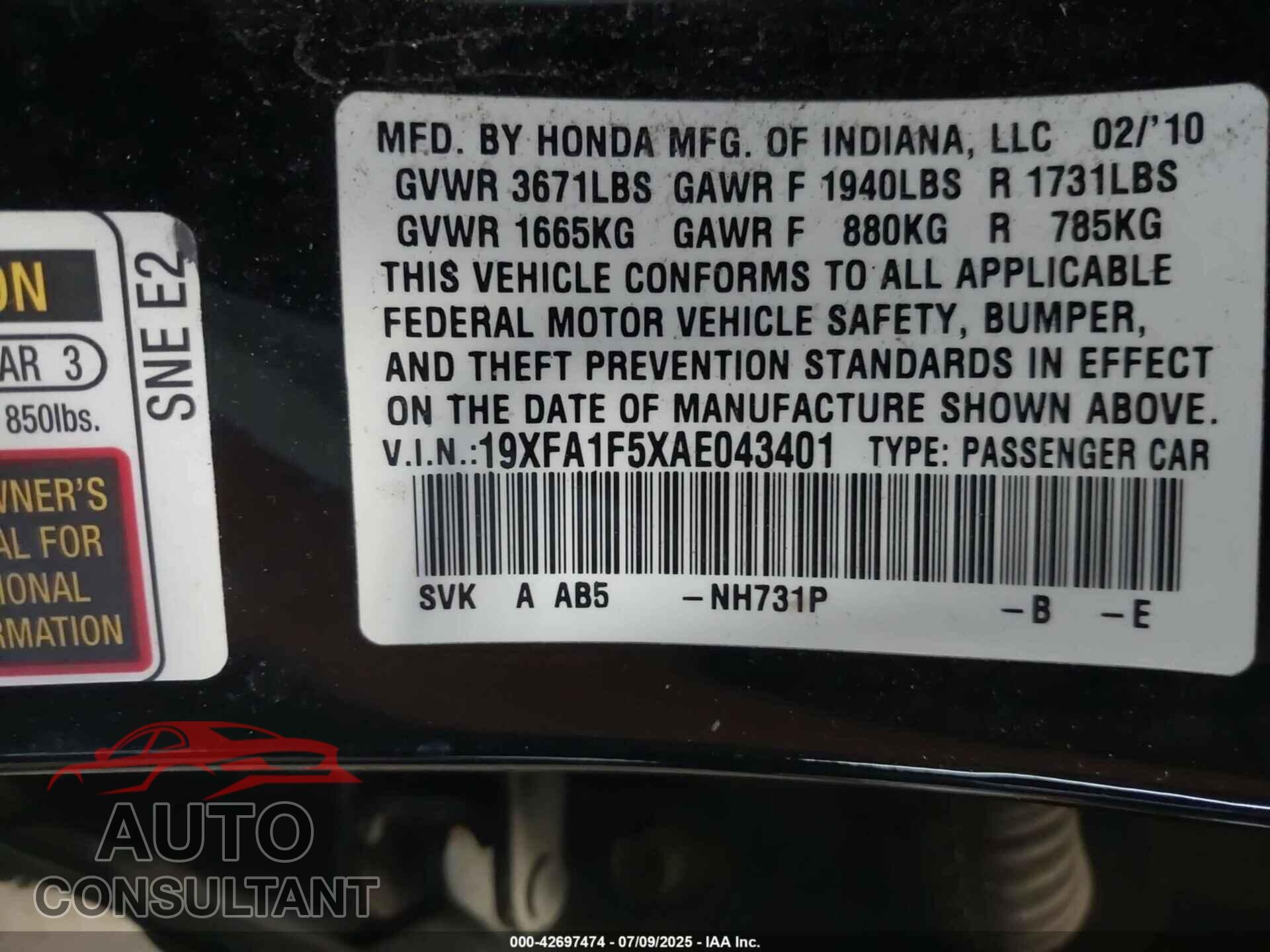 HONDA CIVIC 2010 - 19XFA1F5XAE043401