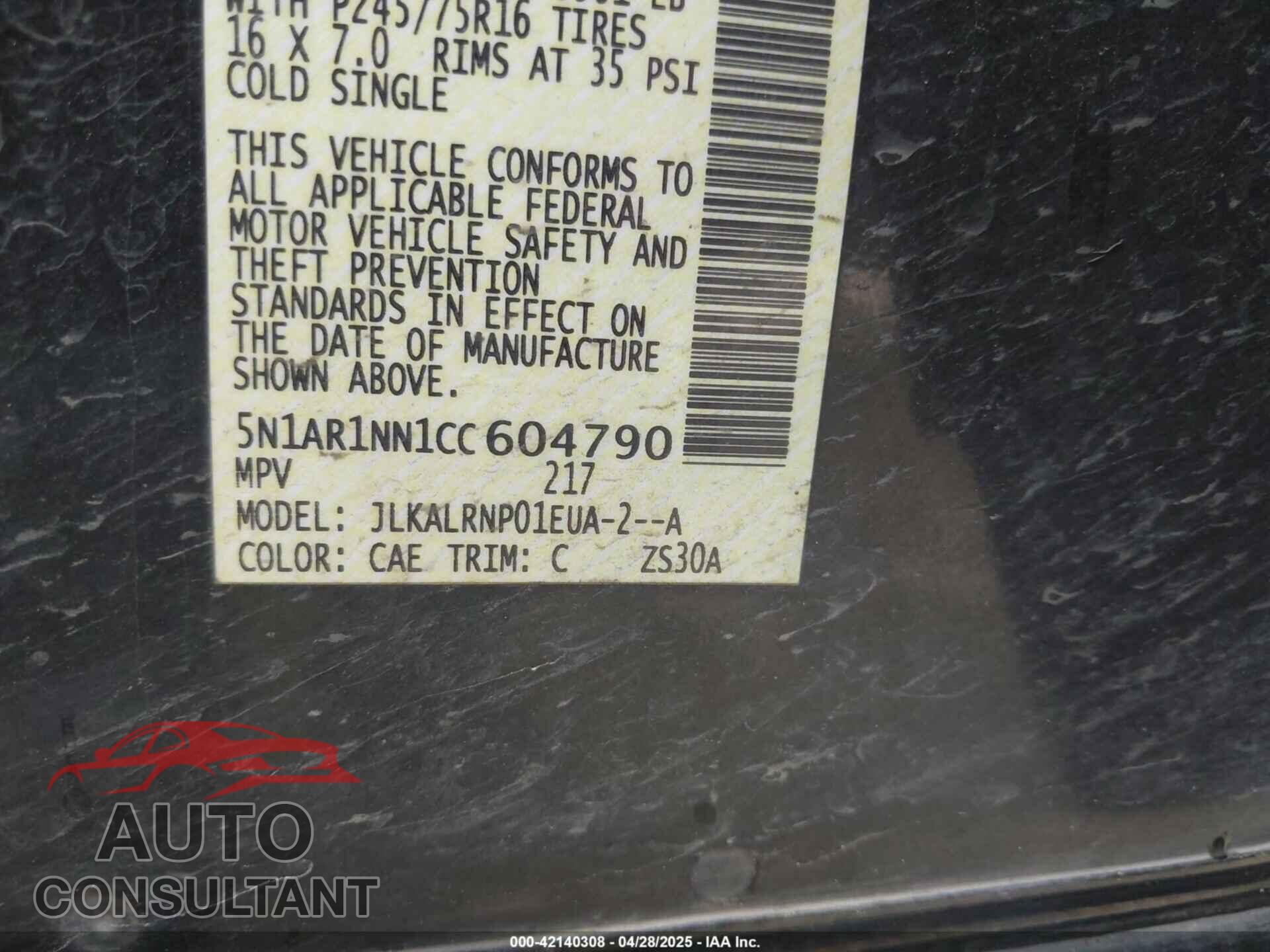 NISSAN PATHFINDER 2012 - 5N1AR1NN1CC604790