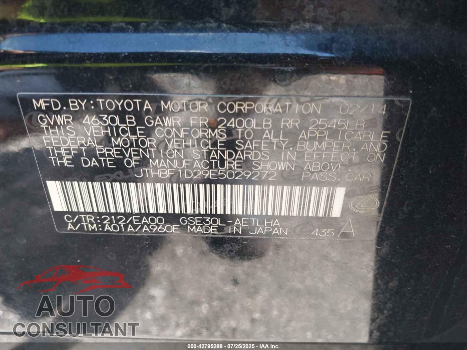 LEXUS IS 250 2014 - JTHBF1D29E5029272