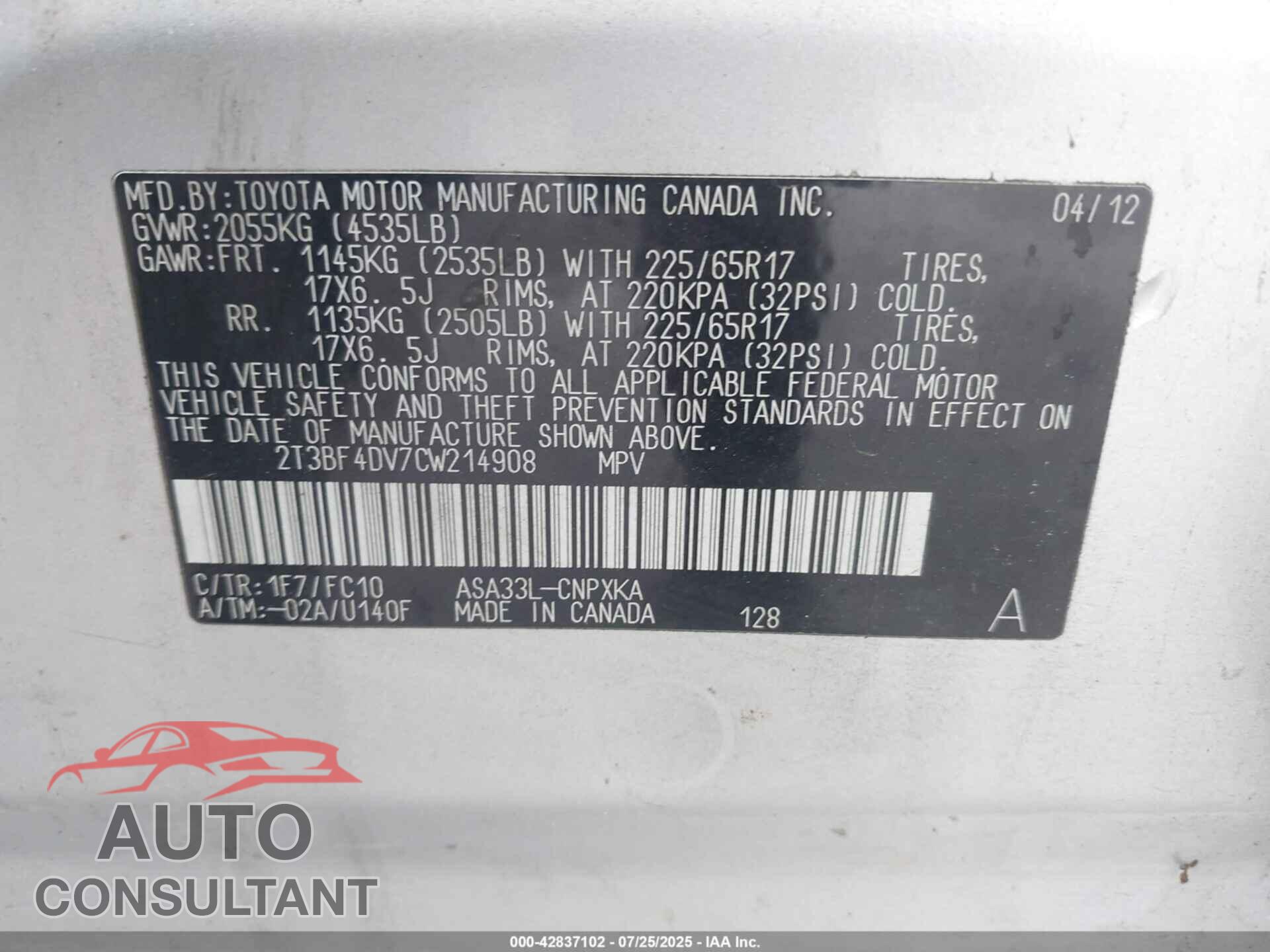 TOYOTA RAV4 2012 - 2T3BF4DV7CW214908