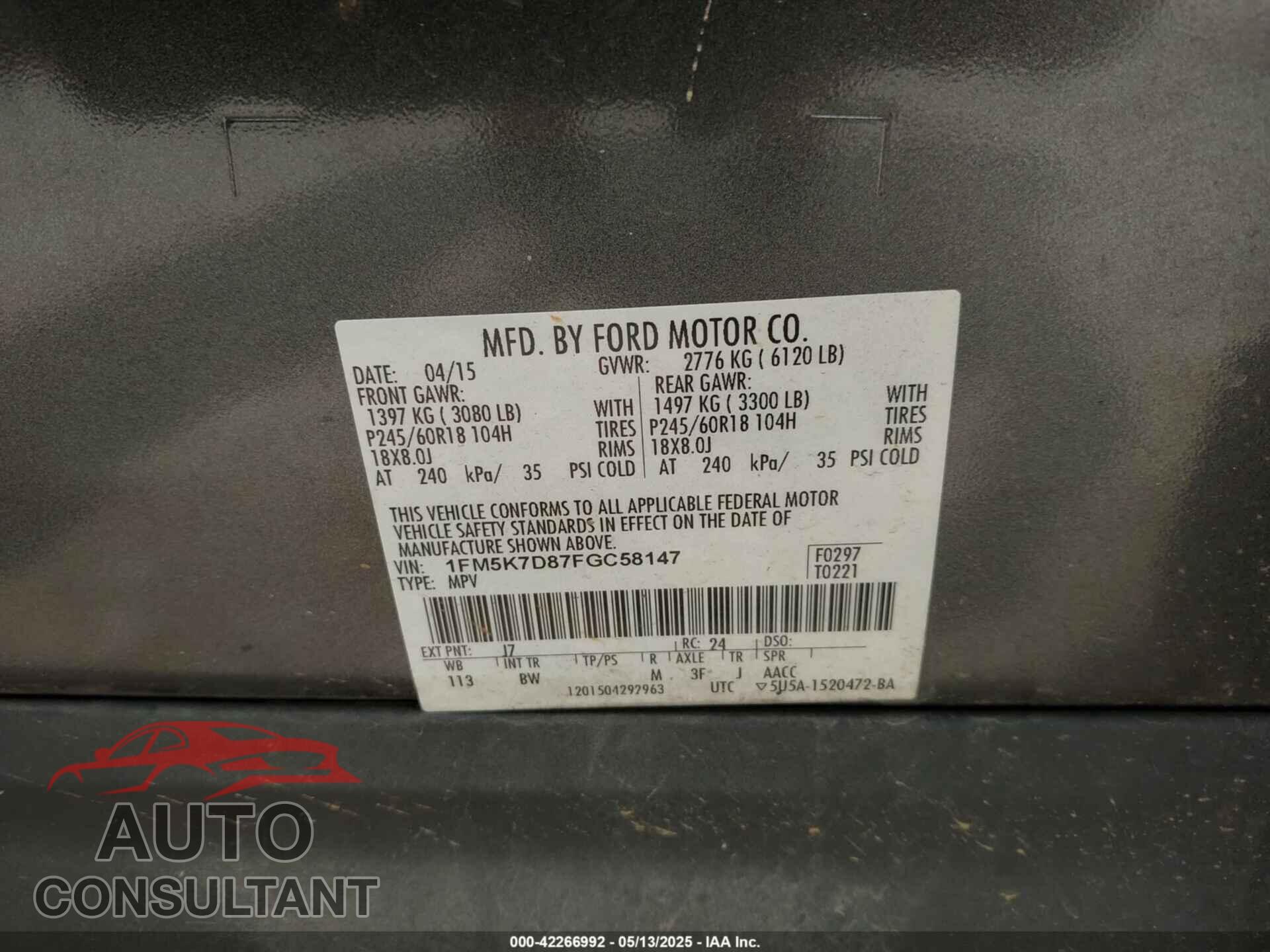 FORD EXPLORER 2015 - 1FM5K7D87FGC58147