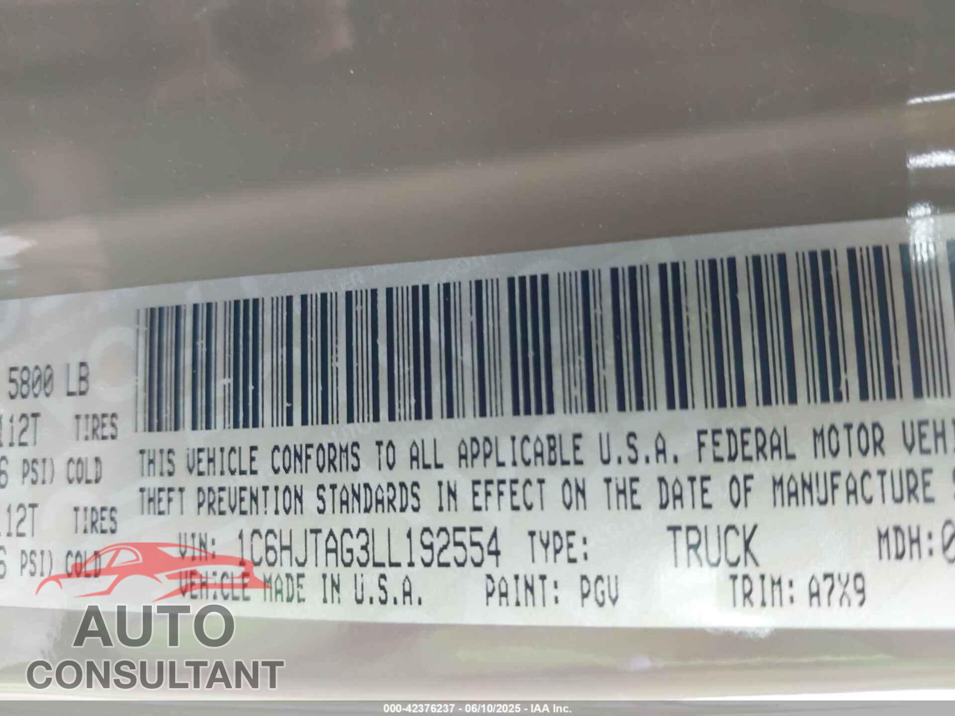 JEEP GLADIATOR 2020 - 1C6HJTAG3LL192554
