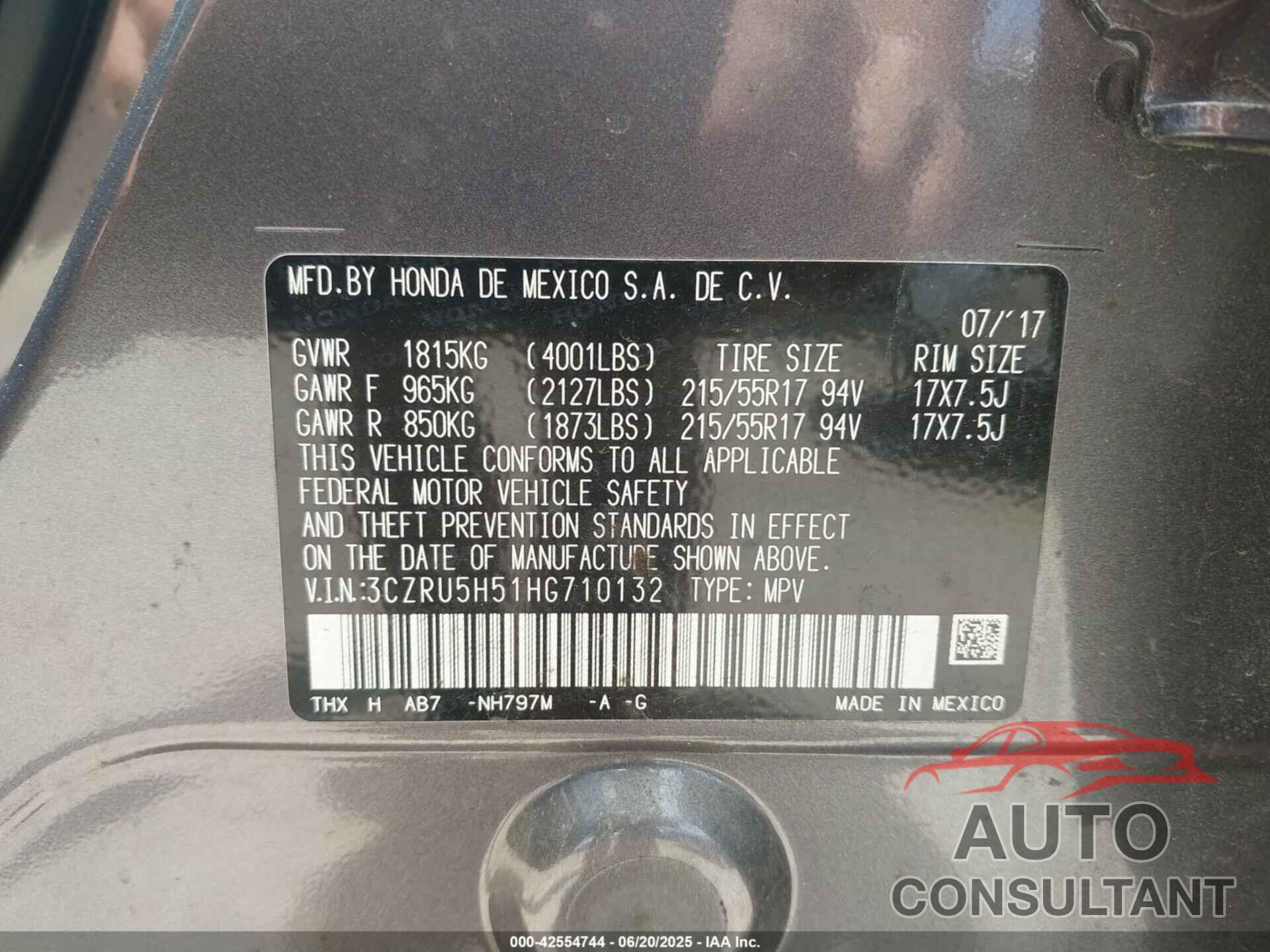 HONDA HR-V 2017 - 3CZRU5H51HG710132