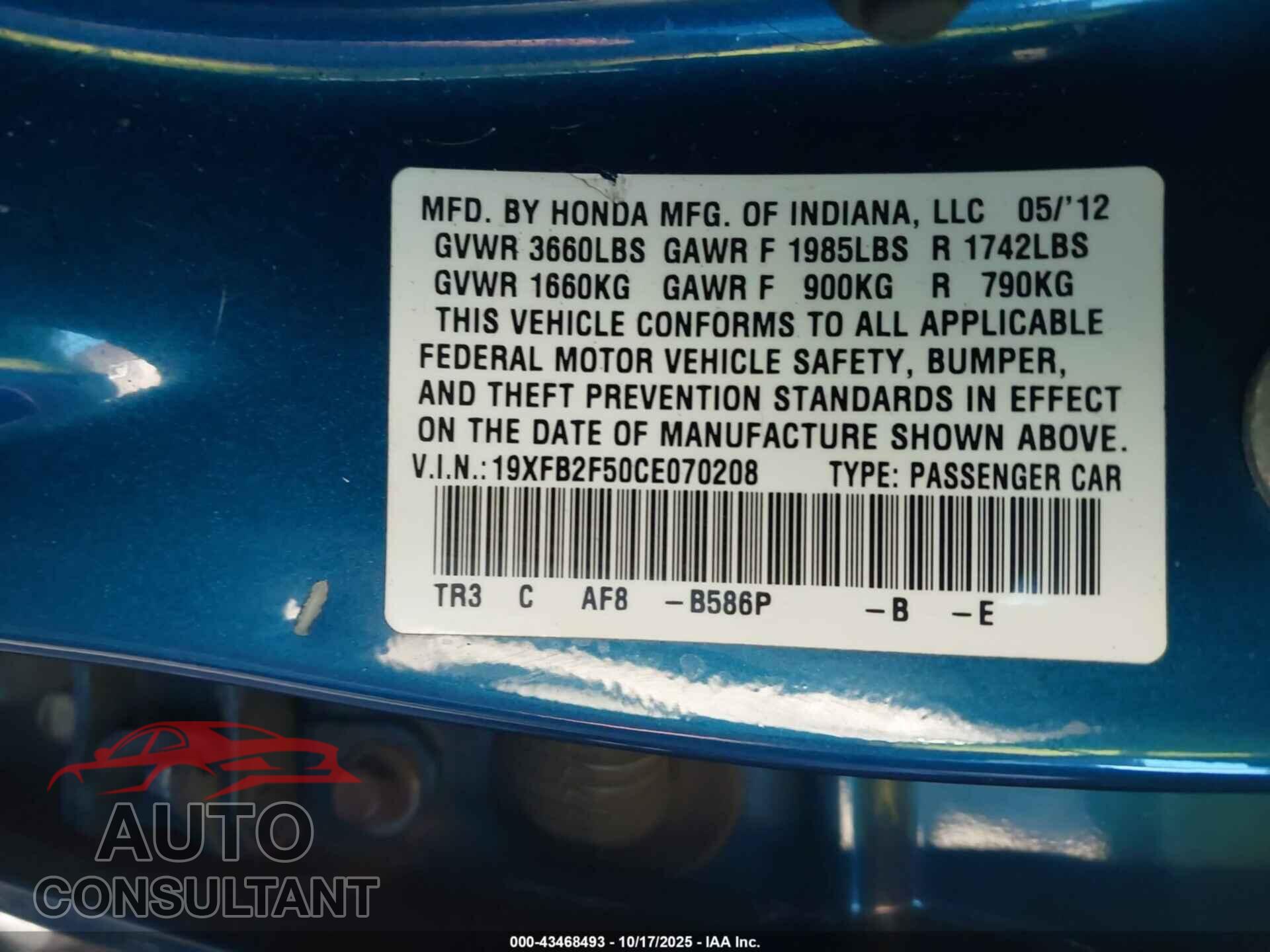 HONDA CIVIC 2012 - 19XFB2F50CE070208
