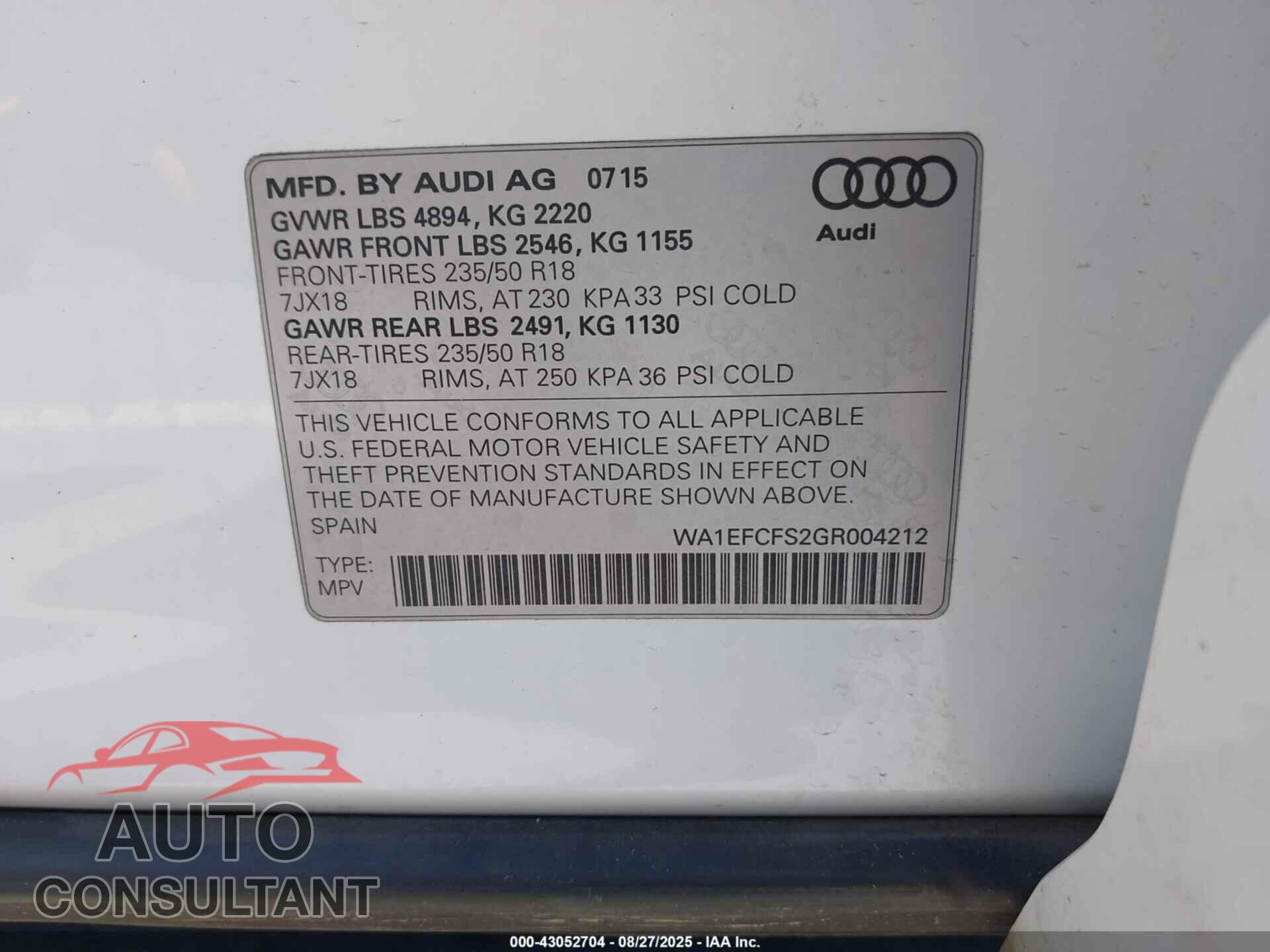 AUDI Q3 2016 - WA1EFCFS2GR004212