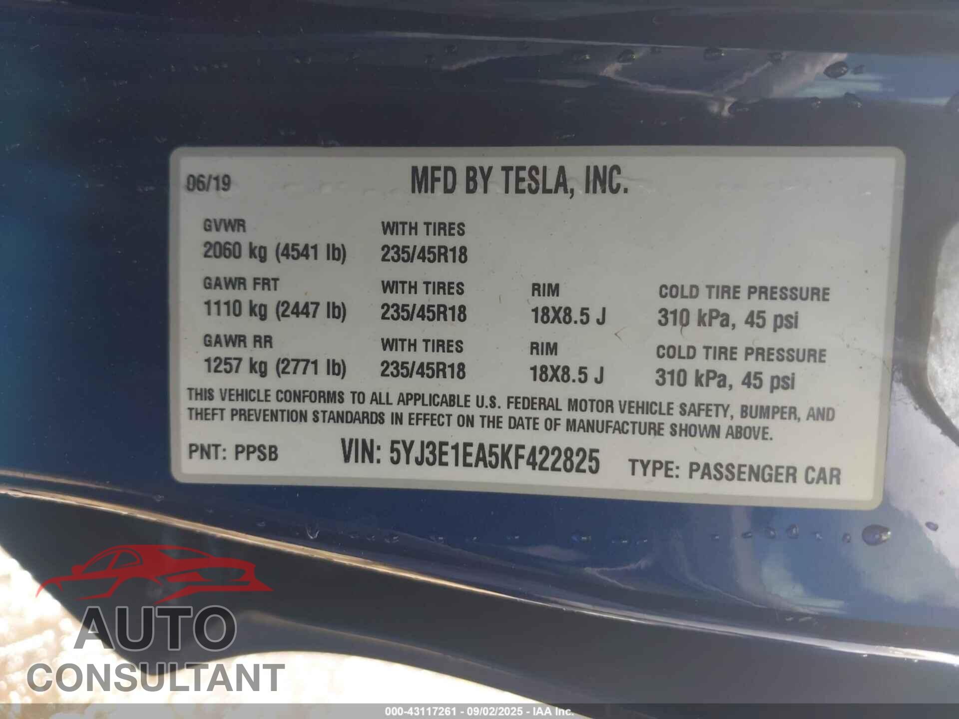TESLA MODEL 3 2019 - 5YJ3E1EA5KF422825